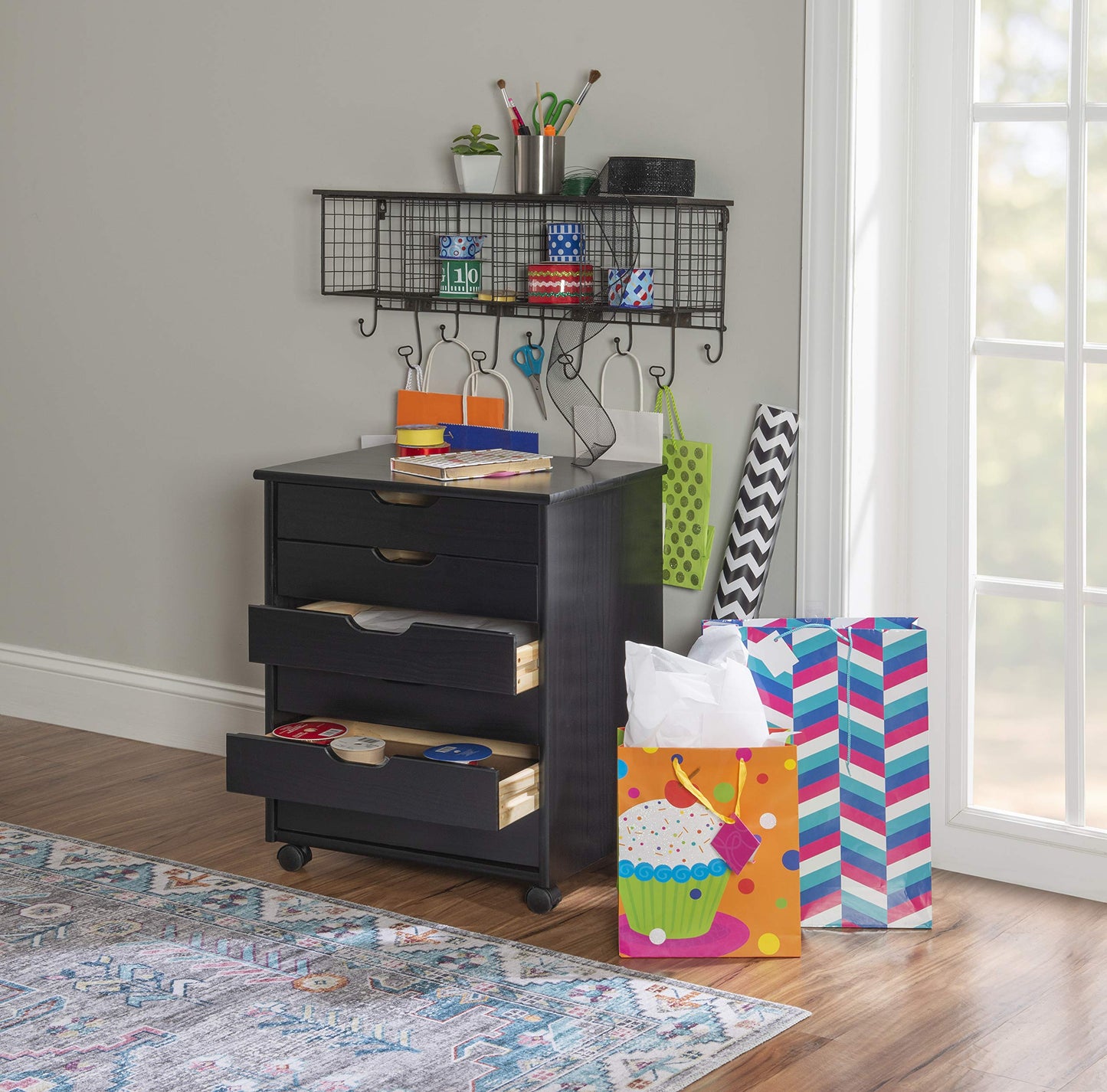 Linon Corinne Black Six Drawer Wide Rolling Storage Cart