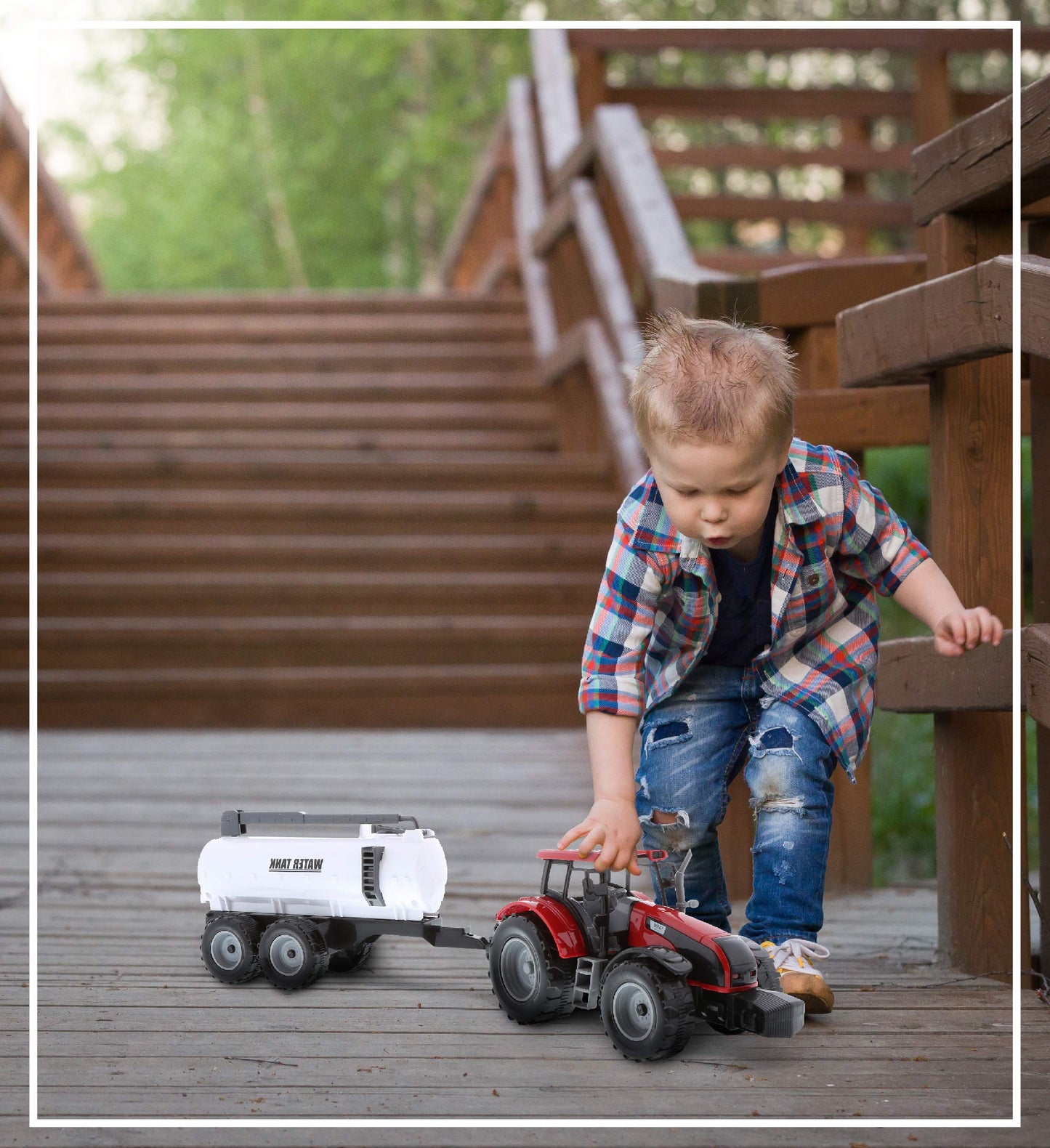 Mozlly Friction Powered Farm Tractor Vehicles, 16.5" Includes Farmer Tractor Water Tank and Log Trailer, Push & Go No Batteries Needed Farming Toys Playset for Boys Kids Toddlers (3pc Set)