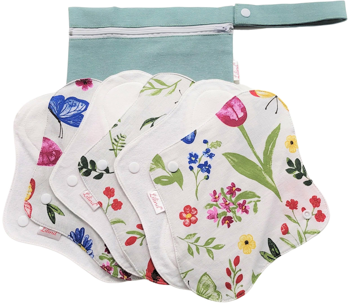 Lilind® 6 Pack Organic Cloth Pads, Regular 9 inch 100% Cotton Reusable Menstrual Sanitary Napkins, Free Wet Bag, Complete Set, Zero Waste