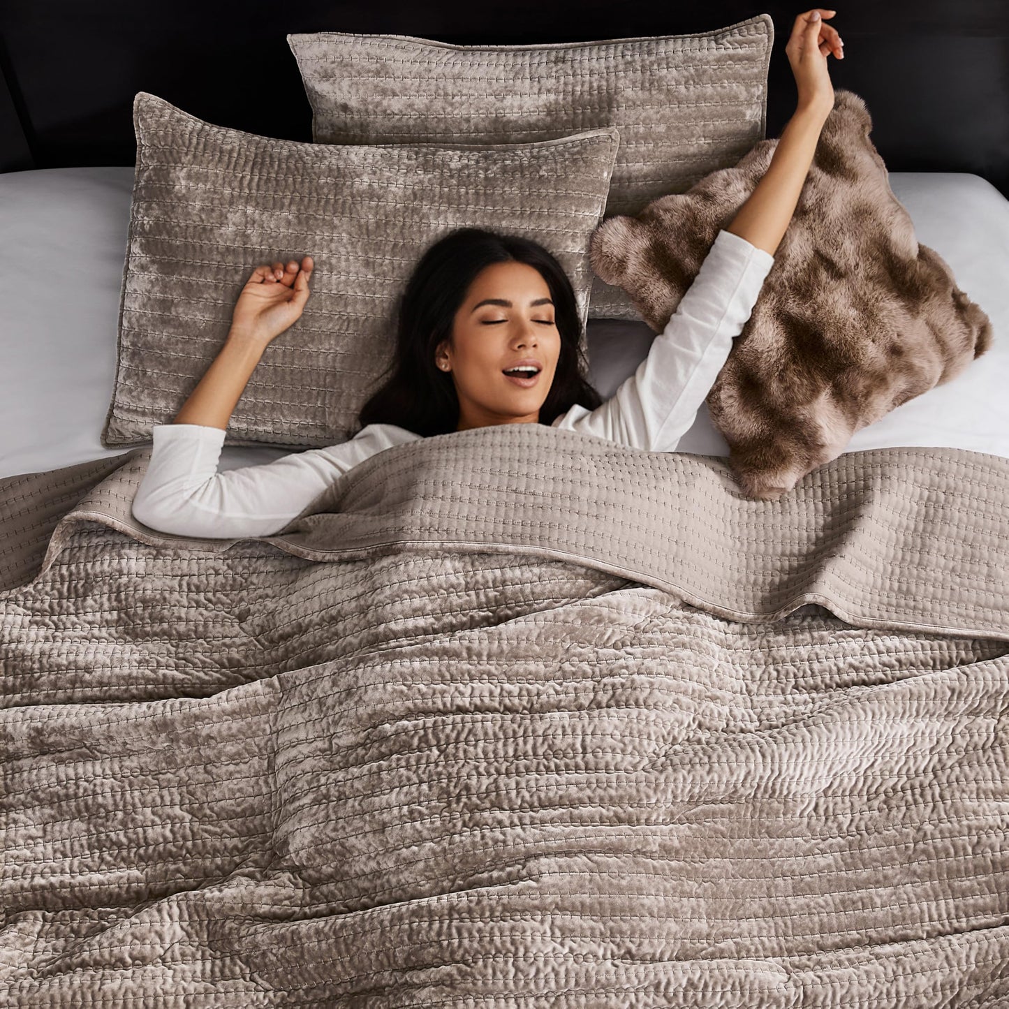 WDCOZY Velvet Queen Size Quilt Set - Brown Taupe Tan Camel Striped Pick Stitch Soft Lightweight Bedspread, Channel Farmhouse Country Rustic Coverlet, Modern Bedding Warm Thin Comforter, 3 Pieces