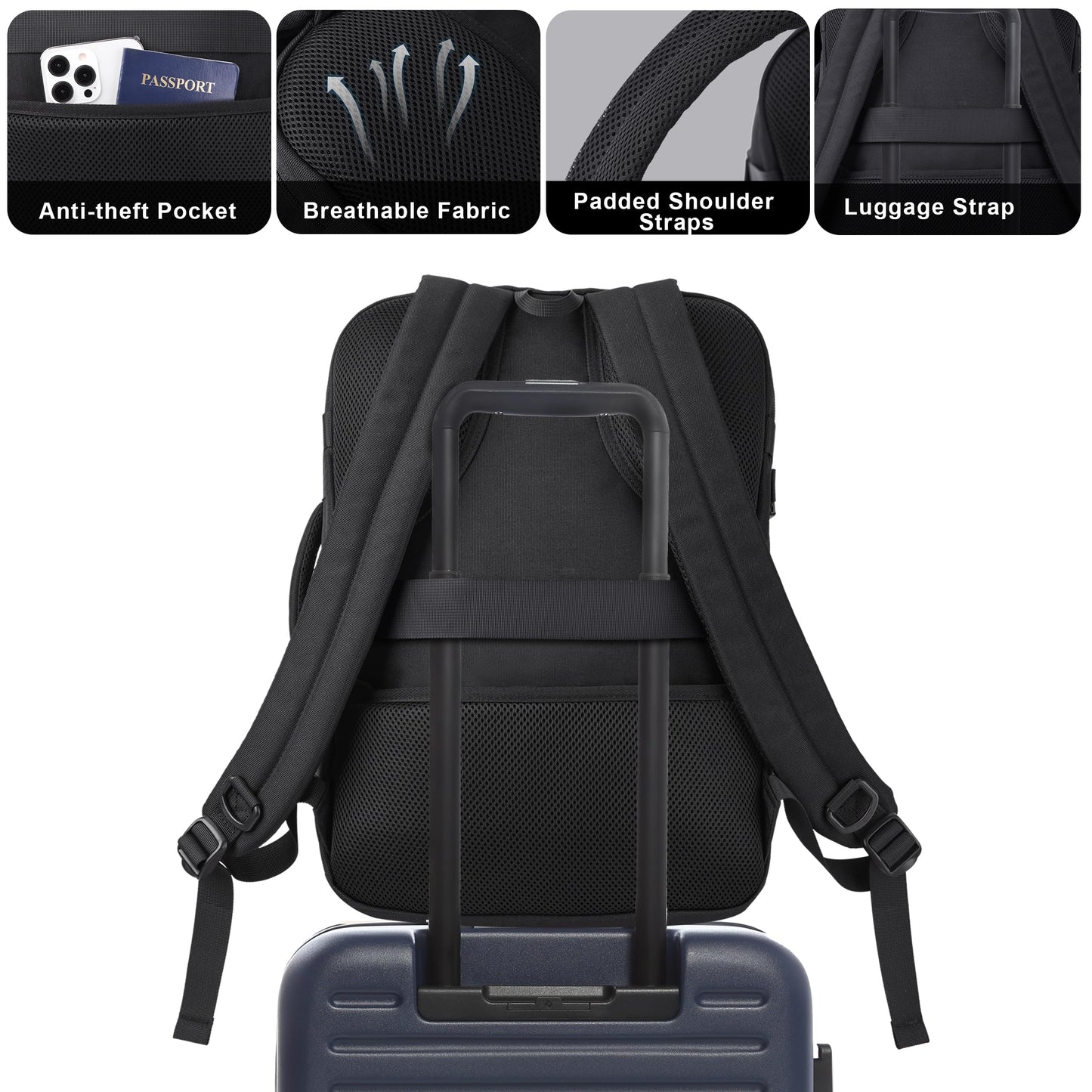 MOZETO TSA Approved Carry On Backpack, Extra Large Tactical Travel Backpack for Men, Airplane Approved Weekender Bag, Water Resistant Lightweight Laptop Daypack for Flight, Black