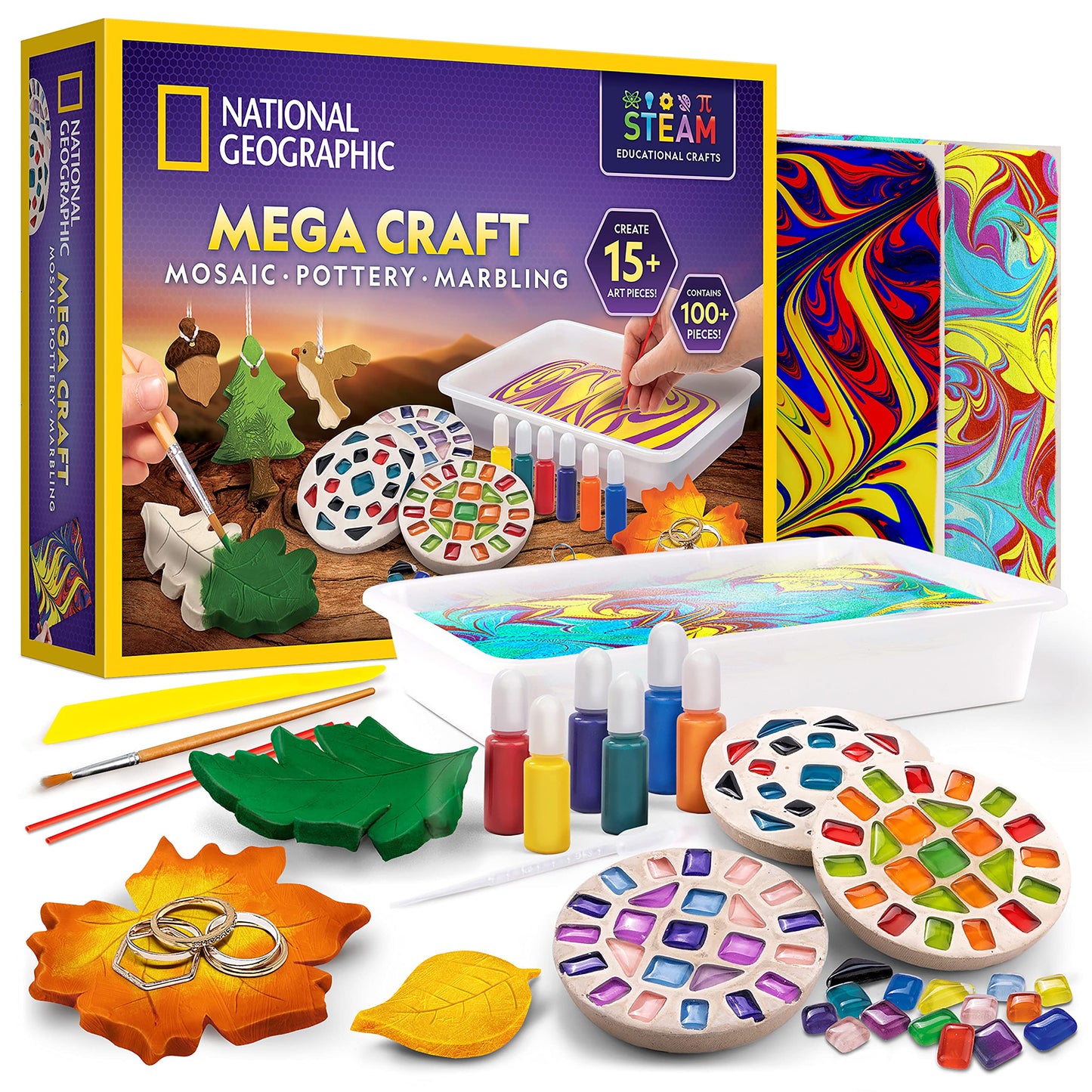 National Geographic Mega Arts and Crafts Kit for Kids – Mosaic, Marbling Paint & Air Dry Clay Pottery Kit – Art Projects for Kids Ages 8-12, Boys and Girls