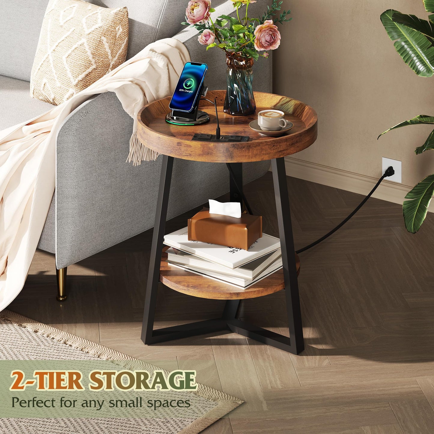 WLIVE Small Round Side Table with Charging Station, Round Coffee Table, 2 Tier End Table for Living Room/Bedroom, Sofa Couch, Easy to Assemble, Wood Tabletop & Metal Frame, Rustic Brown