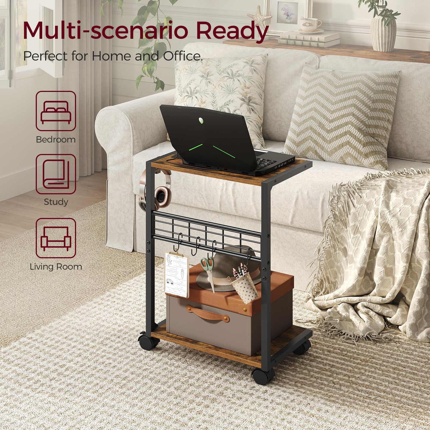 ZIIWIND PC Stand, Computer Tower Stand with Charging Station, 16.9"W x 11.4"D x 27.6"H, Computer Cart with Wheels and Hooks, CPU Holder for Carpet, Floor and Under Desk, Easy Assembly, Rustic Brown