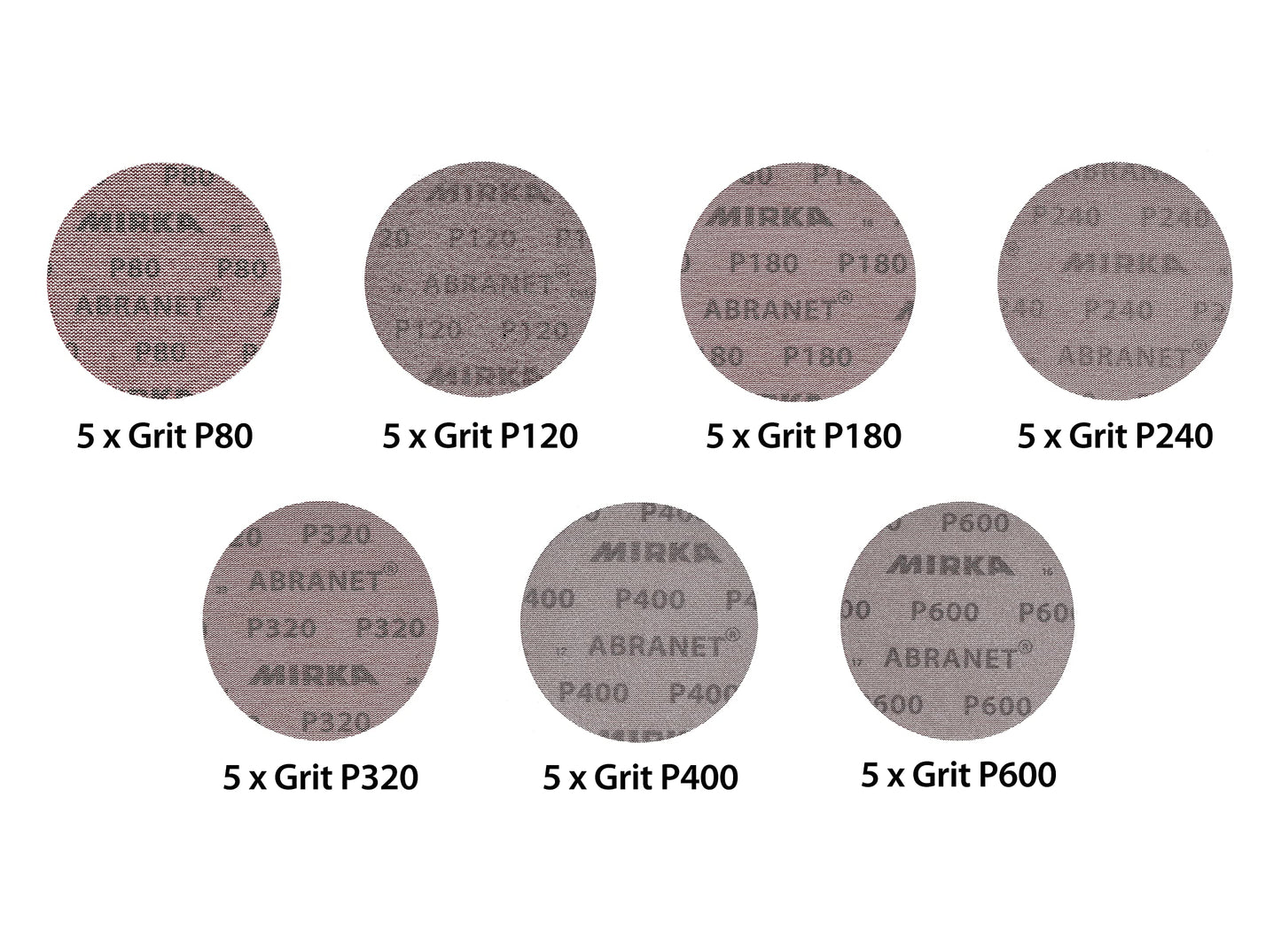 Mirka Abranet Net Discs / 5 inch / 35 pcs Mix-Pack Assorted 5 of Each Grit 80, 120, 180, 240, 320, 400, 600 / Mesh Sandpaper Sanding Disc Hook and Loop / 9A-232-AP
