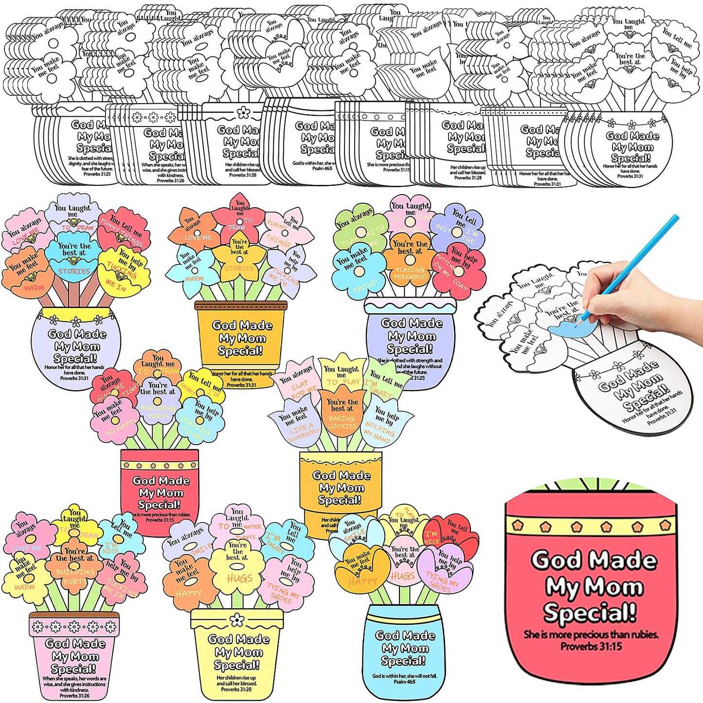 Dunzoom 48 Pcs Mother's Day Christian Crafts Color Your Own Sunday School Crafts with 12 Colored Pencils God Made My Mom Special Flower Pot Arts DIY Bible Religious Gifts Church Classroom Activities