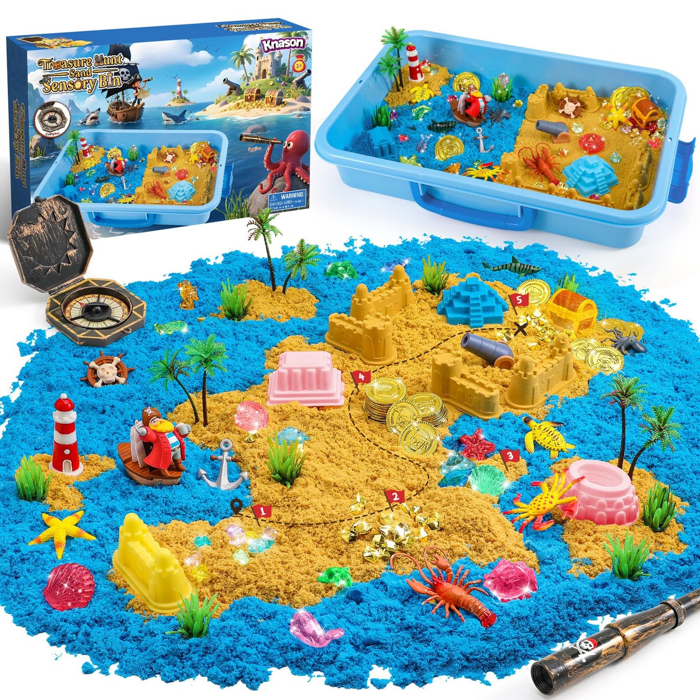 KNASON Pirate Treasure Chest Sensory Bin,Play Sand Kit for Boys with Pirate Accessories,1 KG Sand,Glow in The Dark Gems and Map,Pretend Play Adventure Sensory Toys for Toddlers Kids Ages 3 4 5 6 7 8