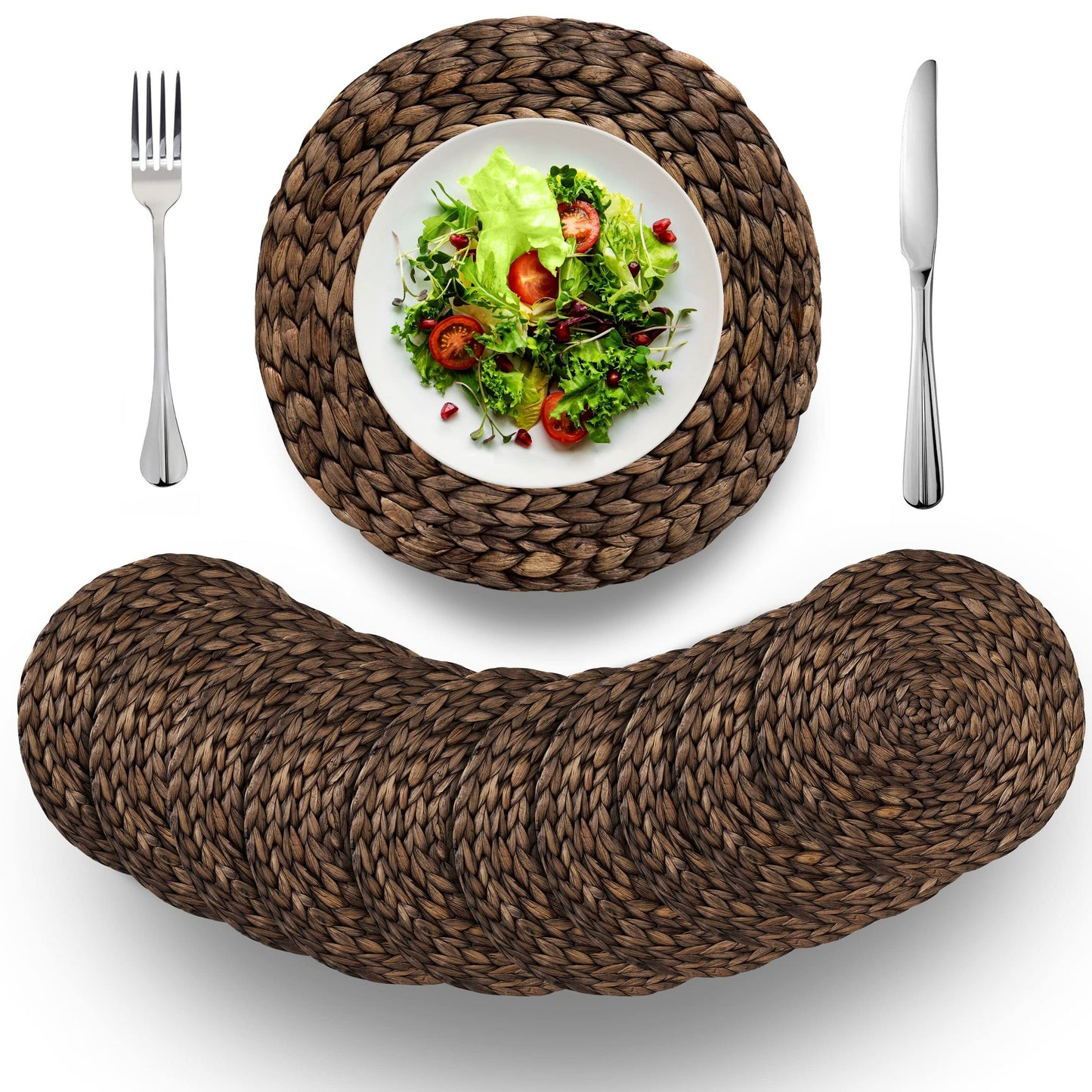 (4 Sizes: 12"-13"-14"-15") BARIEN Rustic Woven Placemats Round Set of 10, Natural Water Hyacinth Weave Placemat for Dining Table, Large Handmade Woven Placemats Heat Resistant Non-Slip (13" - Set 10)