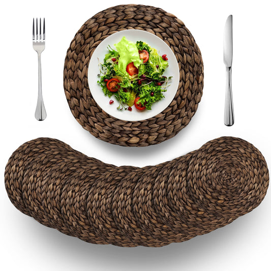 (4 Sizes: 12"-13"-14"-15") BARIEN Rustic Woven Placemats Round Set of 10, Natural Water Hyacinth Weave Placemat for Dining Table, Large Handmade Woven Placemats Heat Resistant Non-Slip (13" - Set 10)