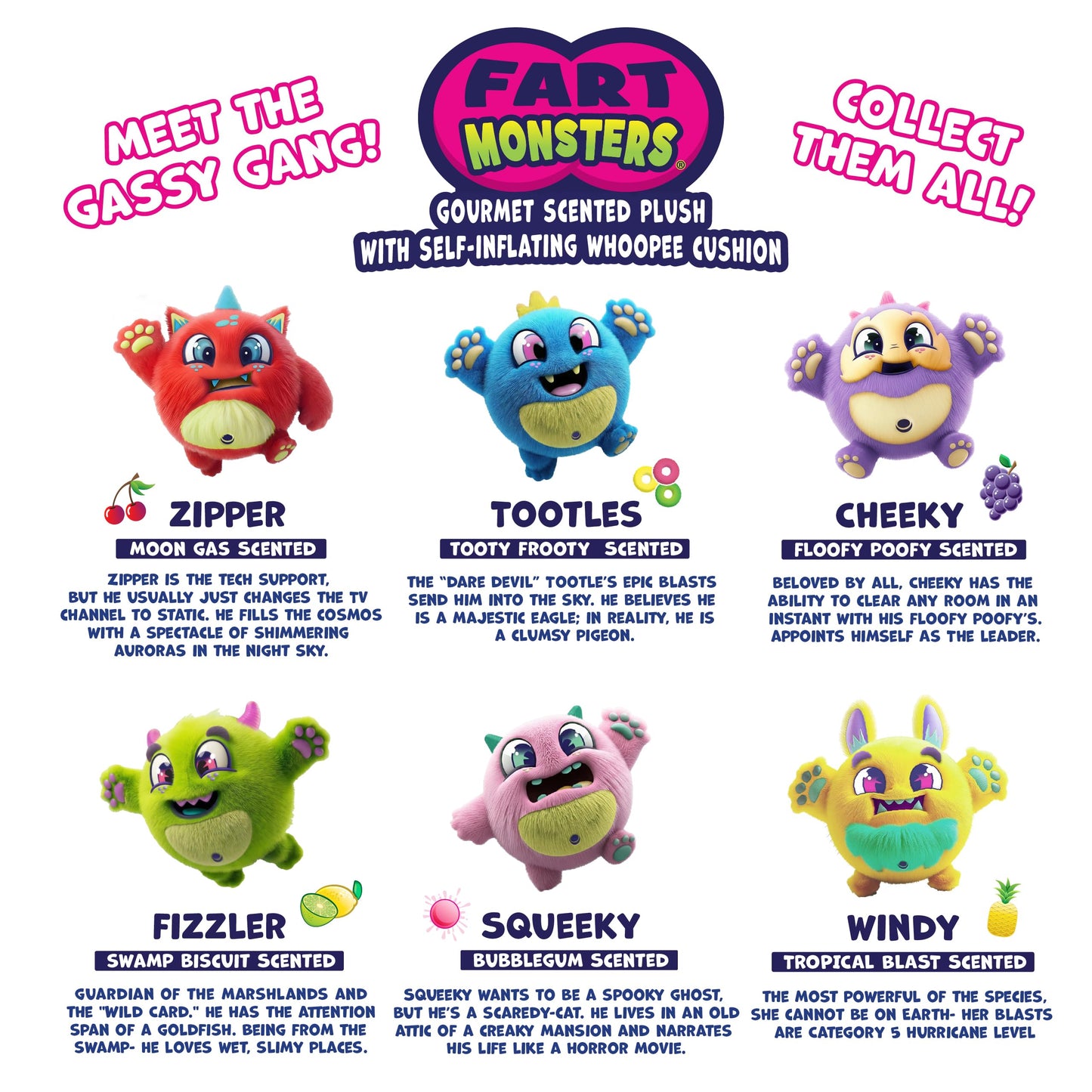 Fart Monsters Tootles 16″ Scented Plush with Self-Inflating Whoopee Cushion – Raspberry Candy Scent – Funny Collectible Toy Gift for Kids & Adults