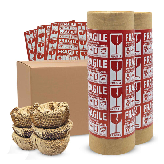 15”x700’ Honeycomb Paper, Honeycomb Packing Paper for Moving Packing Materials for Fragile Items, 2 rolls Each of 350ft With 50 Fragile Sticker Labels
