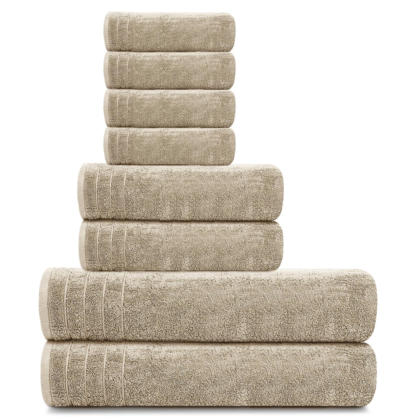 Tens Towels Pack of 8 Towels Set, 2 Extra Large Bath, 2 Hand, 4 Washcloths, 100% Cotton, Lighter Weight, Quicker to Dry, Super Absorbent, Perfect for Bathroom, Beige