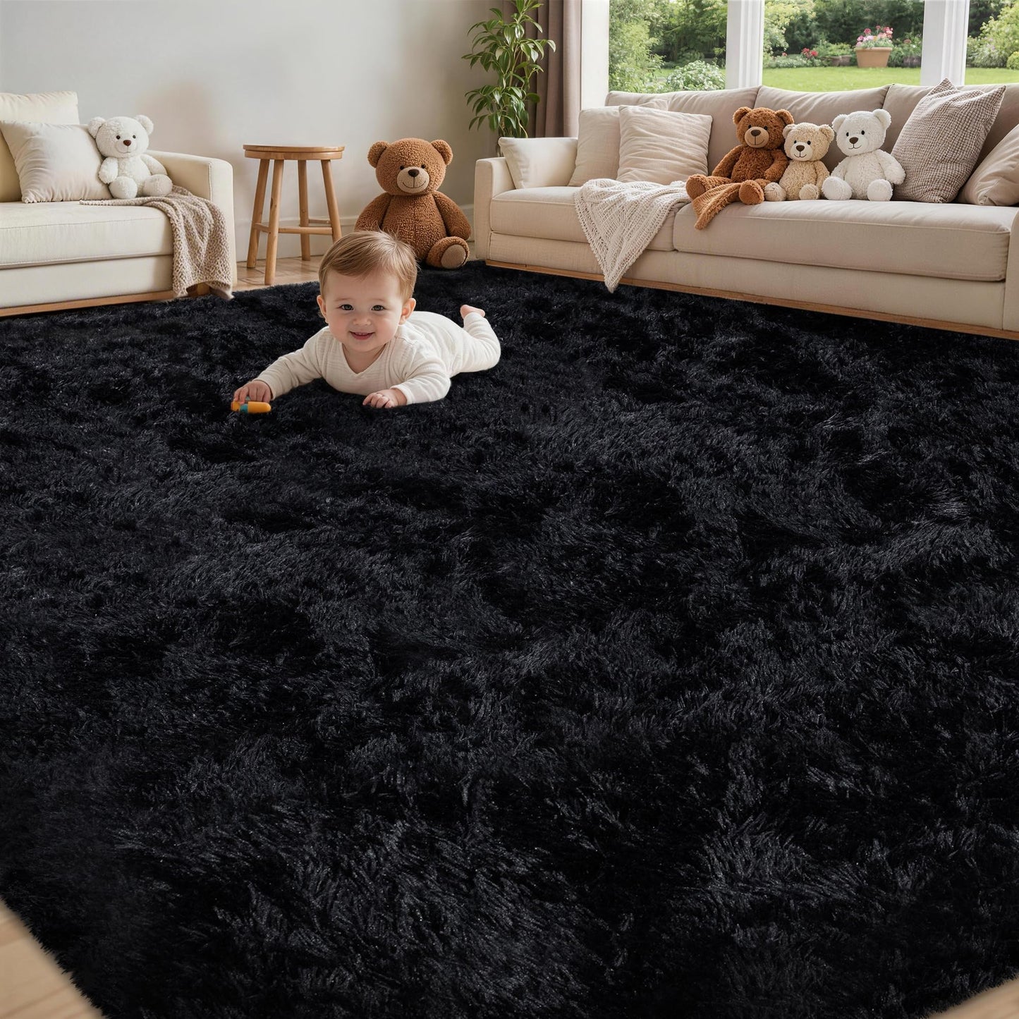 5x7 Area Rug for Living Room:Ultra Soft Fluffy Shag Black Rugs,Large Fuzzy Plush Indoor Non Slip Carpet Washable Rug for Bedroom Kids Nursery Office Dorm Modern Decor(Black 5'x7')