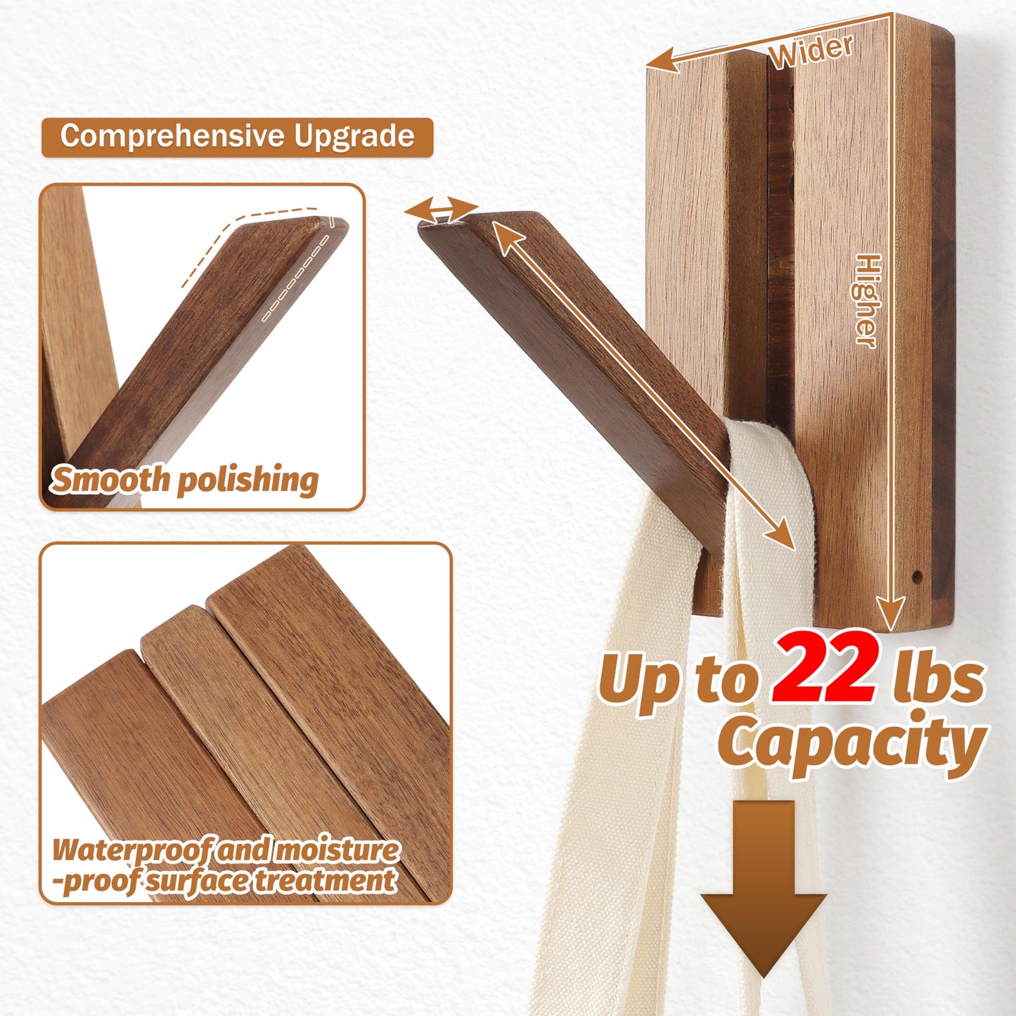 KYIAANY Foldable Wall Hooks 4Pack: Rustic Wooden Coat Hooks Mounted for Heavy Duty Hanging Towels Backpack Bags Hats, Space Saving Minimalist Decorative Hooks for Aesthetic Homeowners