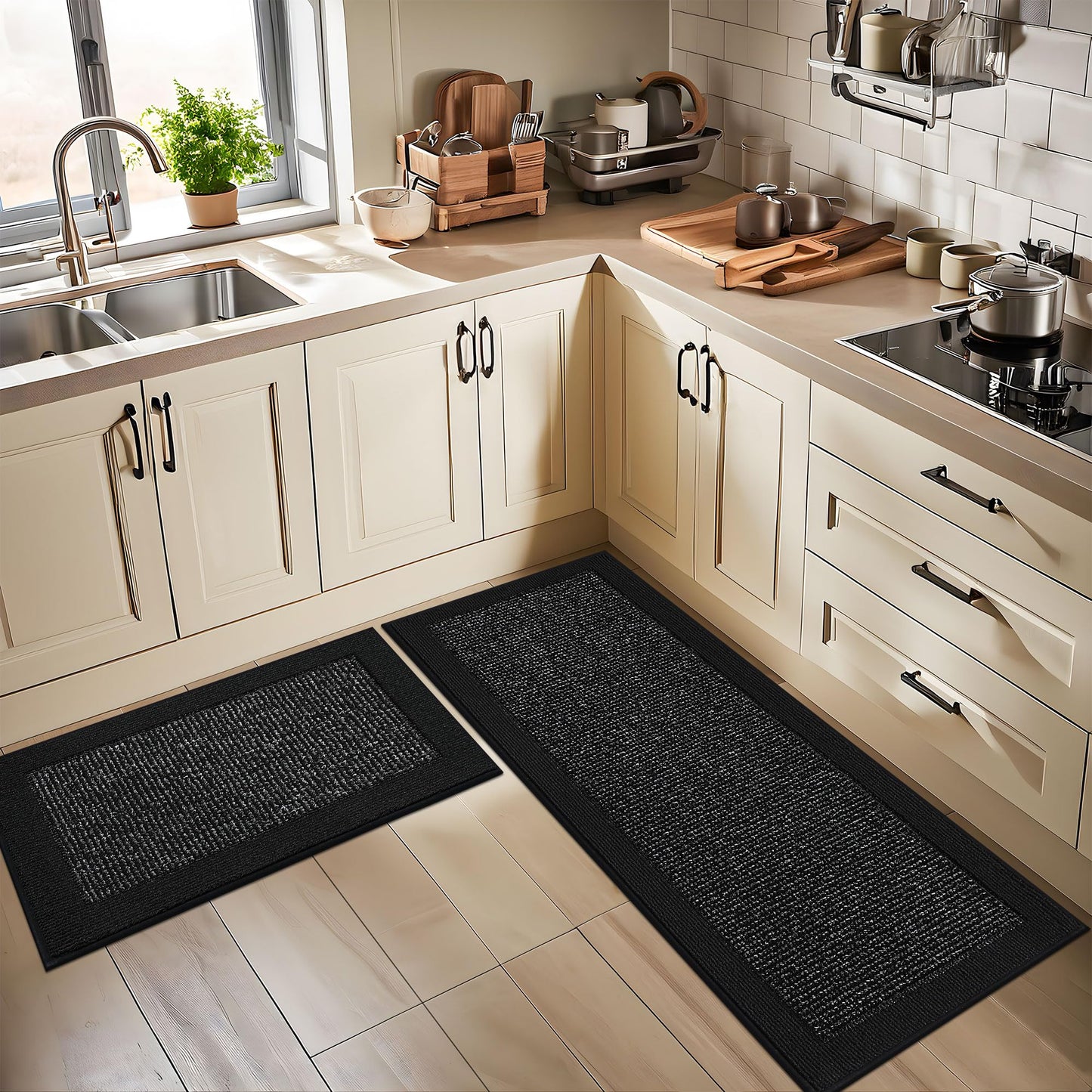 BEQHAUSE Kitchen Rugs and Mats Set of 2 Non-Slip Kitchen Mats for Floor, Absorbent and Stain Resistant Kitchen Runner, Machine Washable Rugs for Kitchen, Laundry & Sink, 24"x36"+24"x60", Black