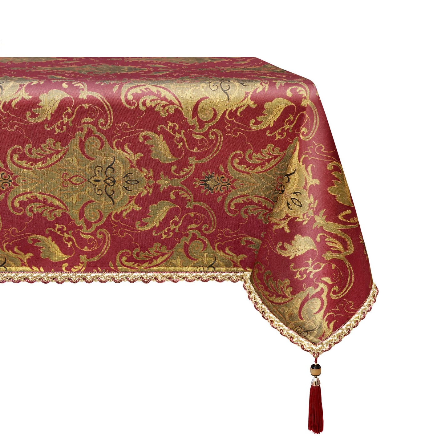 Loom and Mill Luxury Fabric Tablecloth 60 x 120 Inch, Christmas Damask Jacquard Table Covers with Tassels for Dining Kitchen Tabletop Party Banquet Holiday Decoration, Water Resistant (Red, 60x120 in)