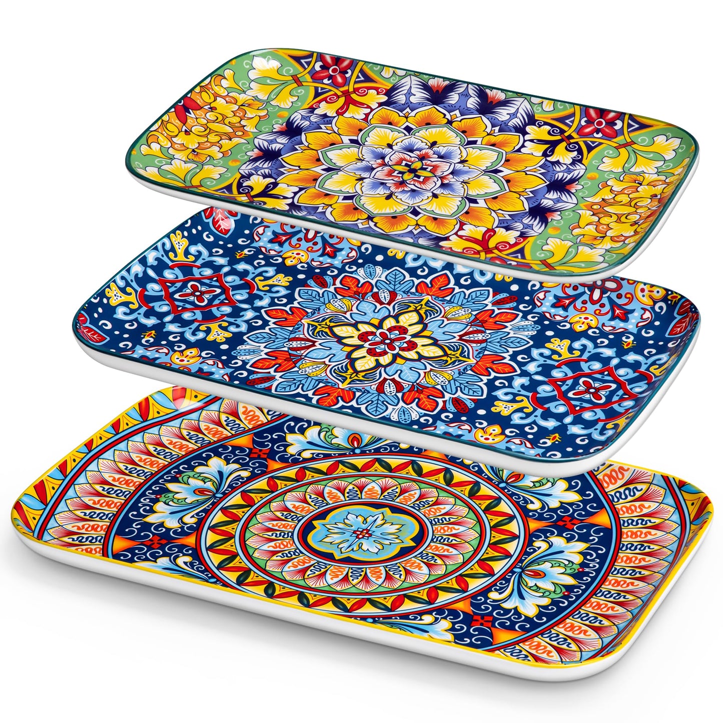 vancasso Serving Platters Set of 3, 16"/14"/12" Inch Rectangular Trays - Extra Large, Ceramic Bohemian Serving Dish for Entertaining Food, Microwave & Dishwasher Safe, Vintage