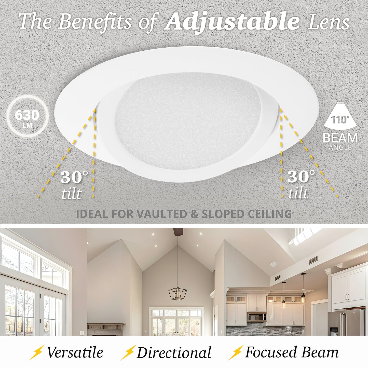 NUWATT 4 Inch Gimbal LED Recessed Lighting, 5CCT 2700K/3000K/3500K/4000K/5000K Selectable, 630 Lumen, Dimmable, Adjustable Pitched Canless Eyeball Lights for Sloped Ceilings, Metal Junction Box, 6 PK