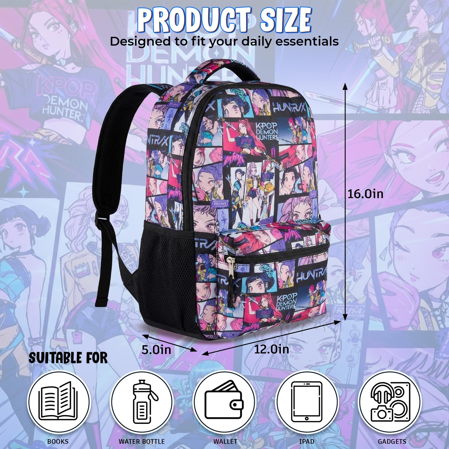 AI ACCESSORY INNOVATIONS K-Pop Demon Hunters Huntrix 16” Backpack for Girls, Featuring an AOP of Rumi, Zoey, Mira, Allover Print