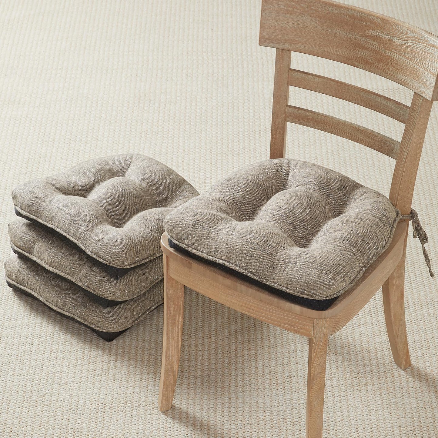 Quilmfoam 16.5"x15.5" Kitchen Chair Cushions Set of 4 for Dining Chair, Soft Tufted Non-Slip Memory Foam Seat Cushion with Ties for Indoor Kitchen Dining Furniture, Khaki