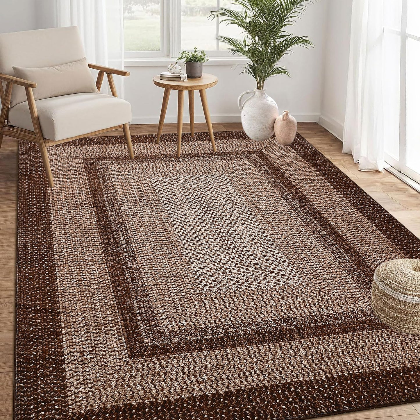 RUGSREAL Washable Rug 5x7 Boho Accent Bedroom Rugs Modern Geometric Floor Carpet Indoor Low Pile Non Slip Farmhouse Rustic Bohemian Carpet for Living Room Nursery Kitchen, Brown