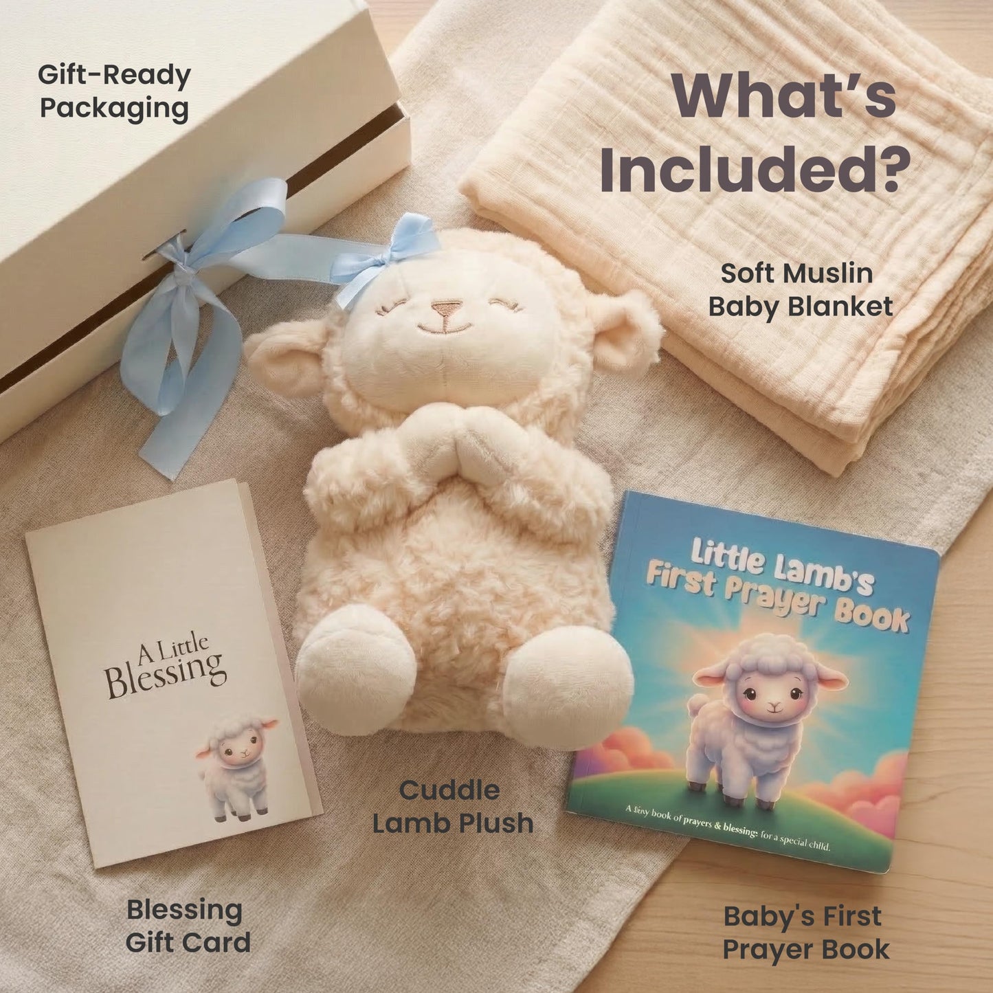 Highmark Collective Baptism Gift for Boy Baptism Set with 10" Praying Lamb Plush Toy with Blue Bow, Bamboo Muslin Blanket & First Prayer Book, Ready to Gift Keepsake Box