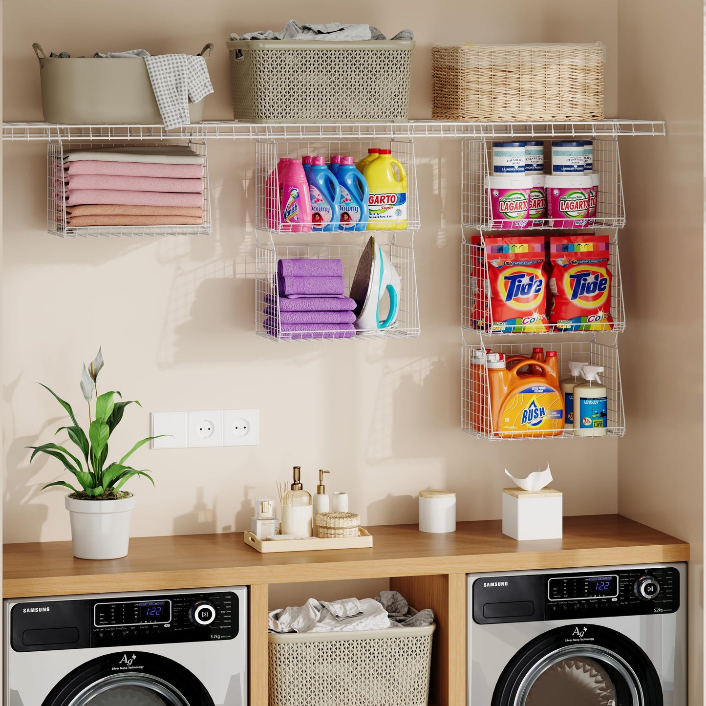 3-Pack Large Hanging Laundry Basket: Wire shelves for Laundry Room Organization with 360°Rotating Hooks Foldable Space Saving Over Washer and Dryer Shelves -Metal Laundry Basket Holder, White Patent