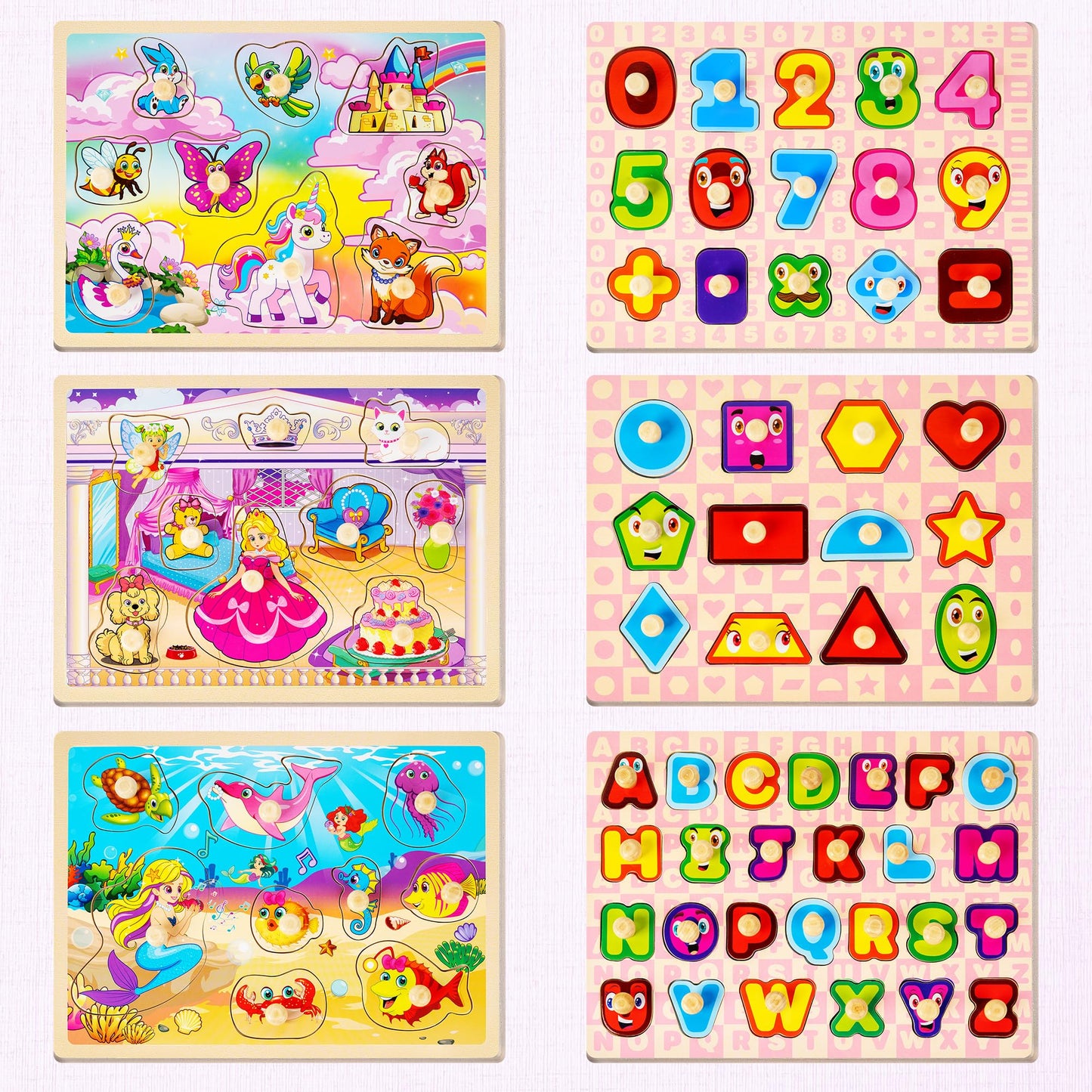 SYNARRY Wooden Puzzles for Toddlers 1-3, 6XSET Toddlers Puzzles Ages 1-3 with Rack, Learning Alphabet Number Shape Unicorn Princess Mermaid Animal, Christmas Toys Gifts for 1 2 3 Years Old Girl Gifts