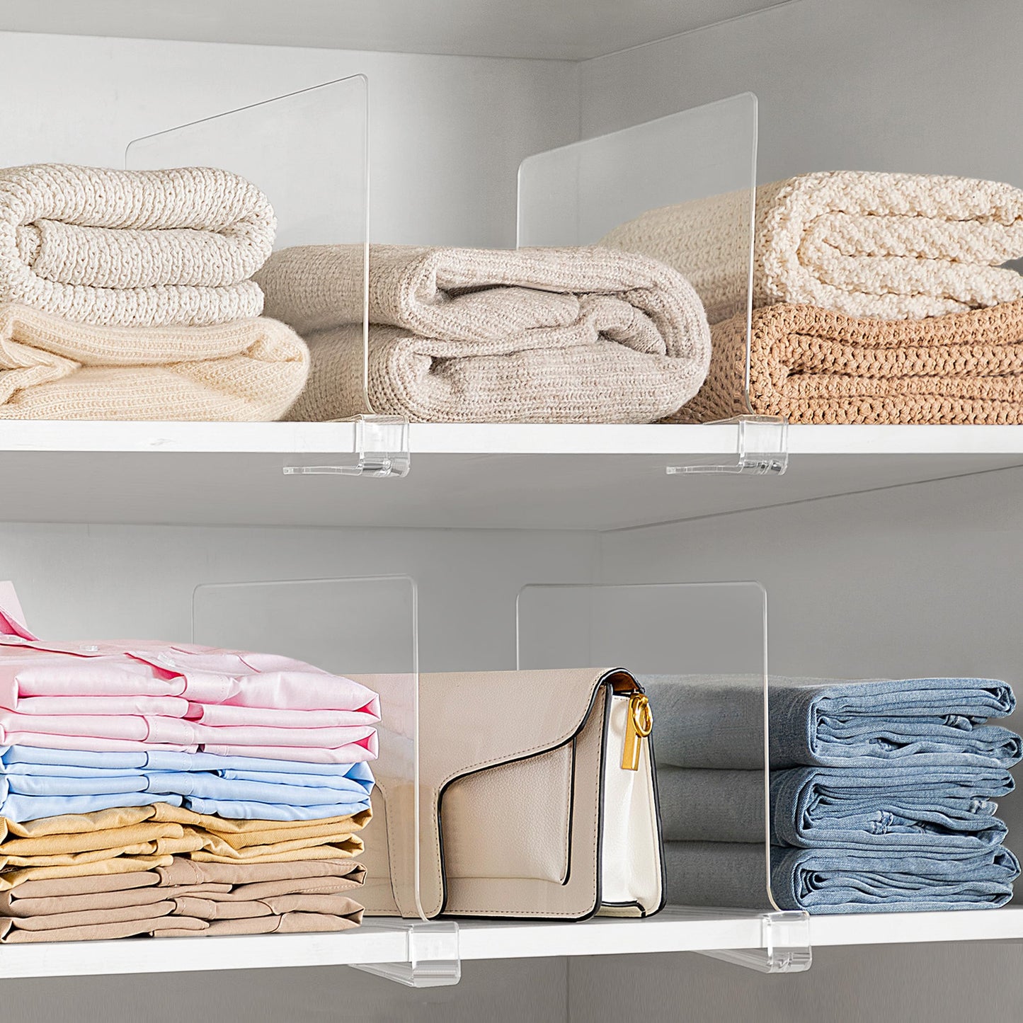 HBlife 16 Pack Clear Shelf Dividers, Vertical Purse Organizer for Closet Perfect for Sweater, Shirts, Handbags in Bedroom and Kitchen, Adjustable Acrylic Bookshelf for Organization