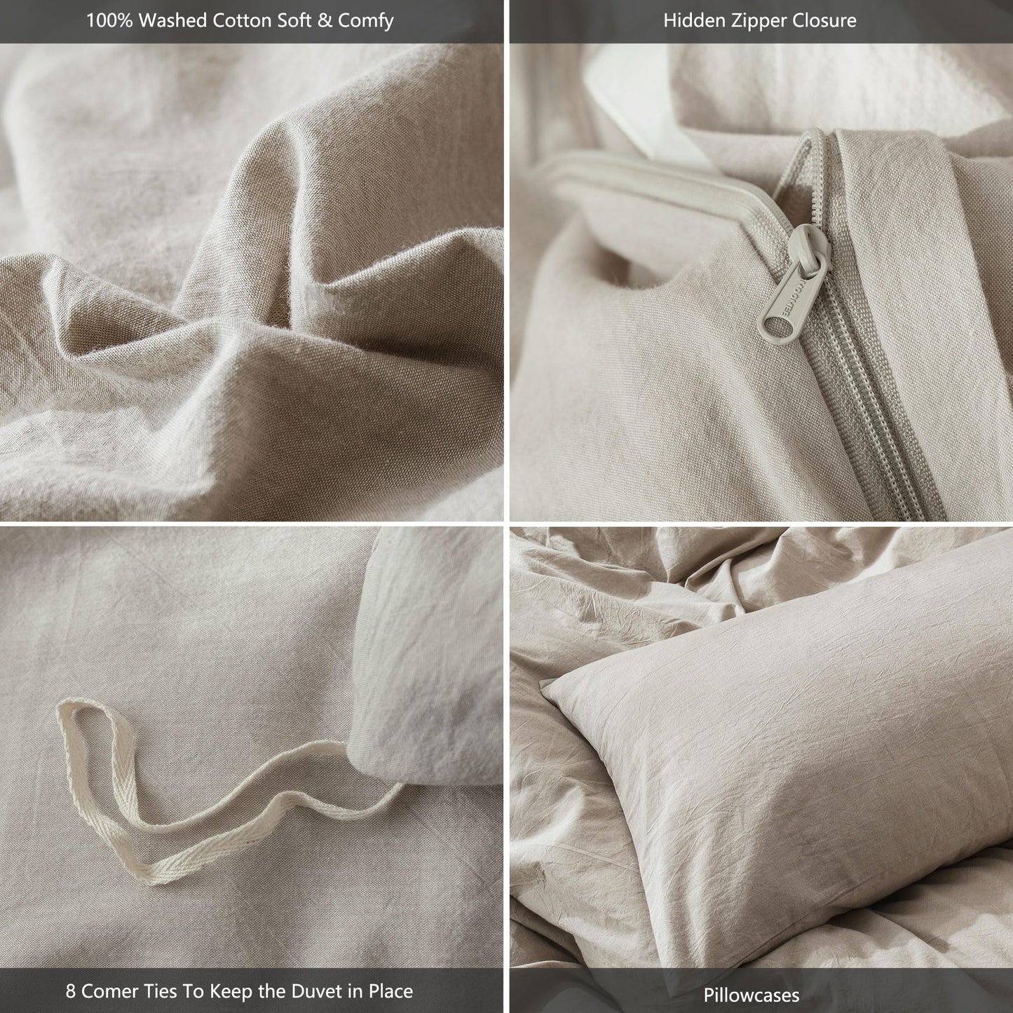 MooMee Bedding Duvet Cover Set 100% Washed Cotton Linen Like Textured Breathable Durable Soft Comfy (Heathered Tannish Linen Grey, King 104"x90")