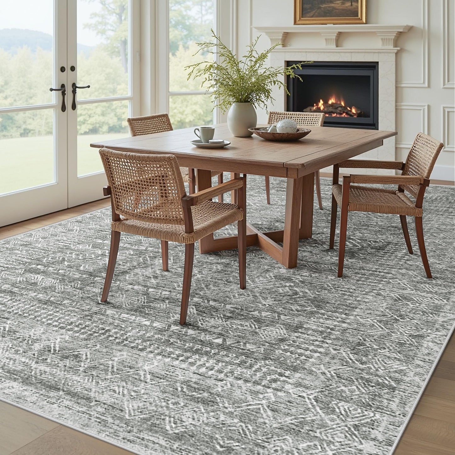 Living Room Rugs 8x10: Washable Moroccan Geometric Boho Rug Farmhouse Non Slip Stain Resistant Large Rug Low Pile Soft Carpet for Bedroom Dining Room Children Room (Grey,8'x10')