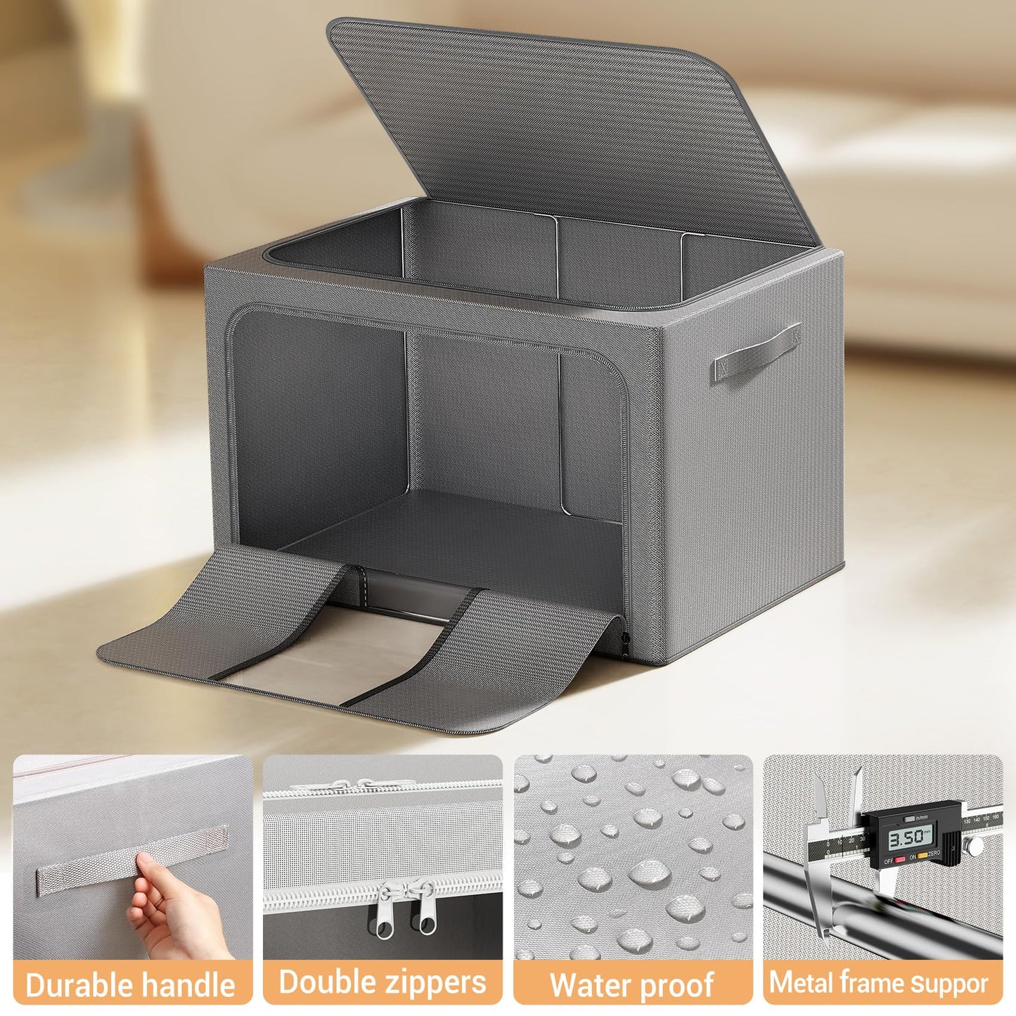 LeArex Clothes Storage Bins with Metal Frame, Foldable Clothes Organizers Storage Containers for Clothes, Sheets, Blankets, Pillows and Towels (100L, 3 Pack, Deep Grey)