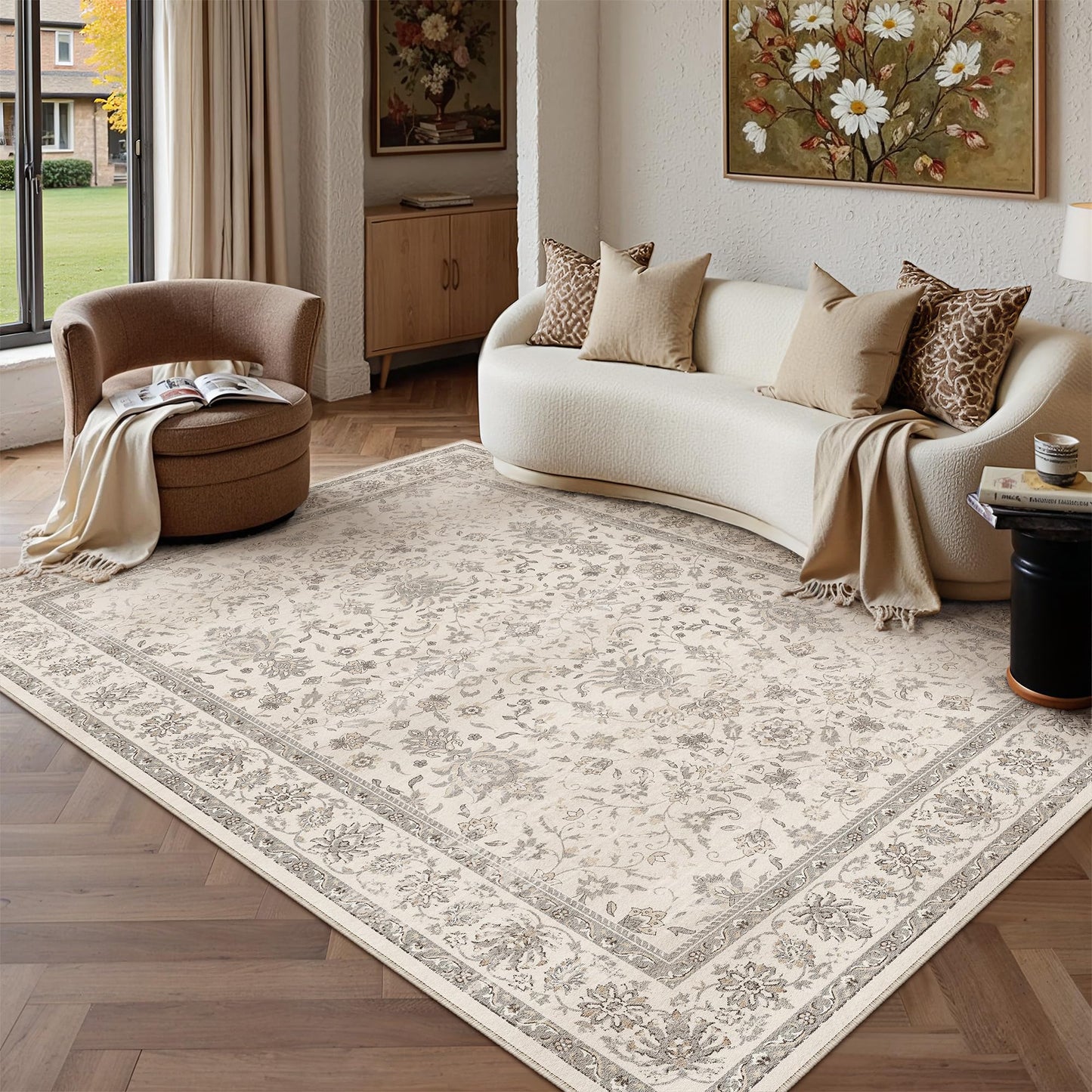 PureCozy 5x7 Area Rug Beige Washable Vintage Carpet Living Room Bedroom Non Slip Stain Soft Resistant Low Pile Thin Boho Accent Indoor Throw Rug for Dining Room Office