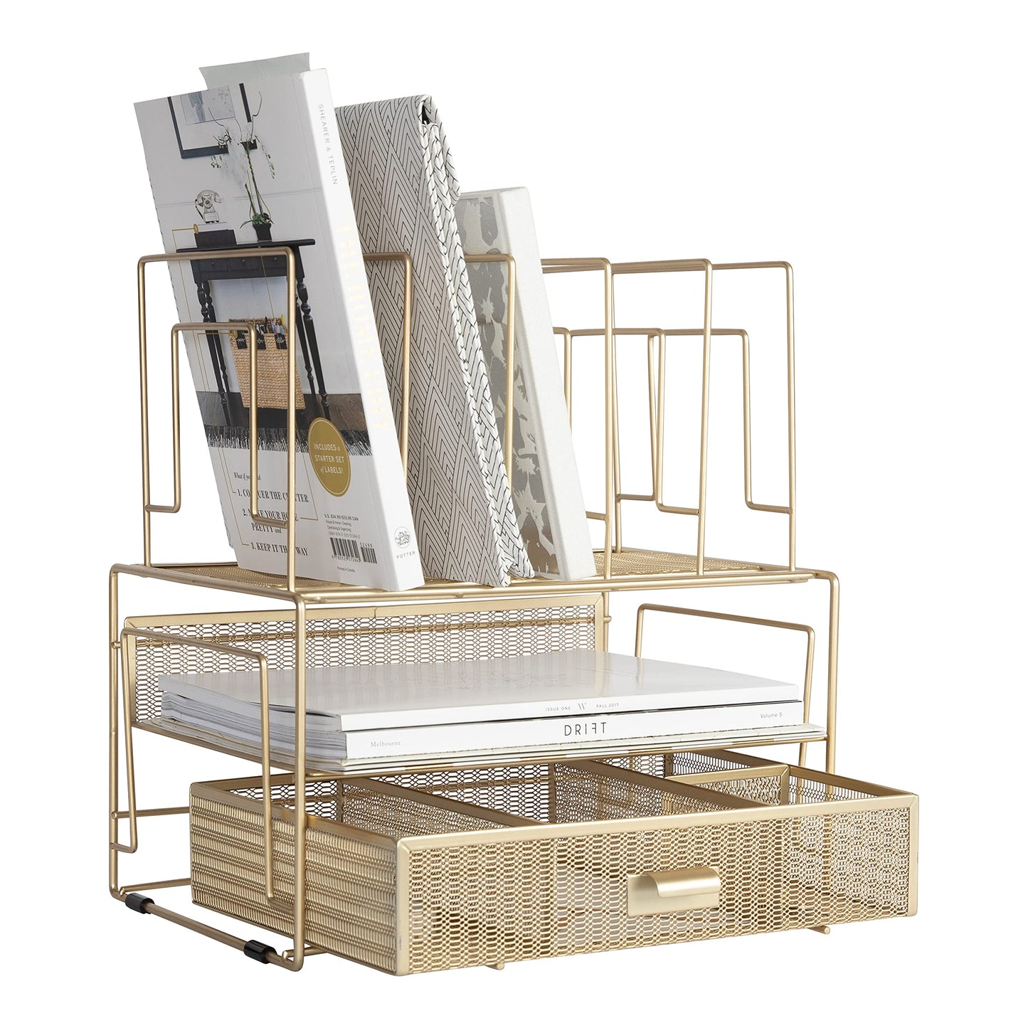 BLU MONACO Gold Workspace Desk Organizer and Accessories – Desktop Rack with File Sorters and Drawer for Office Supplies, Papers, Devices, and Folders