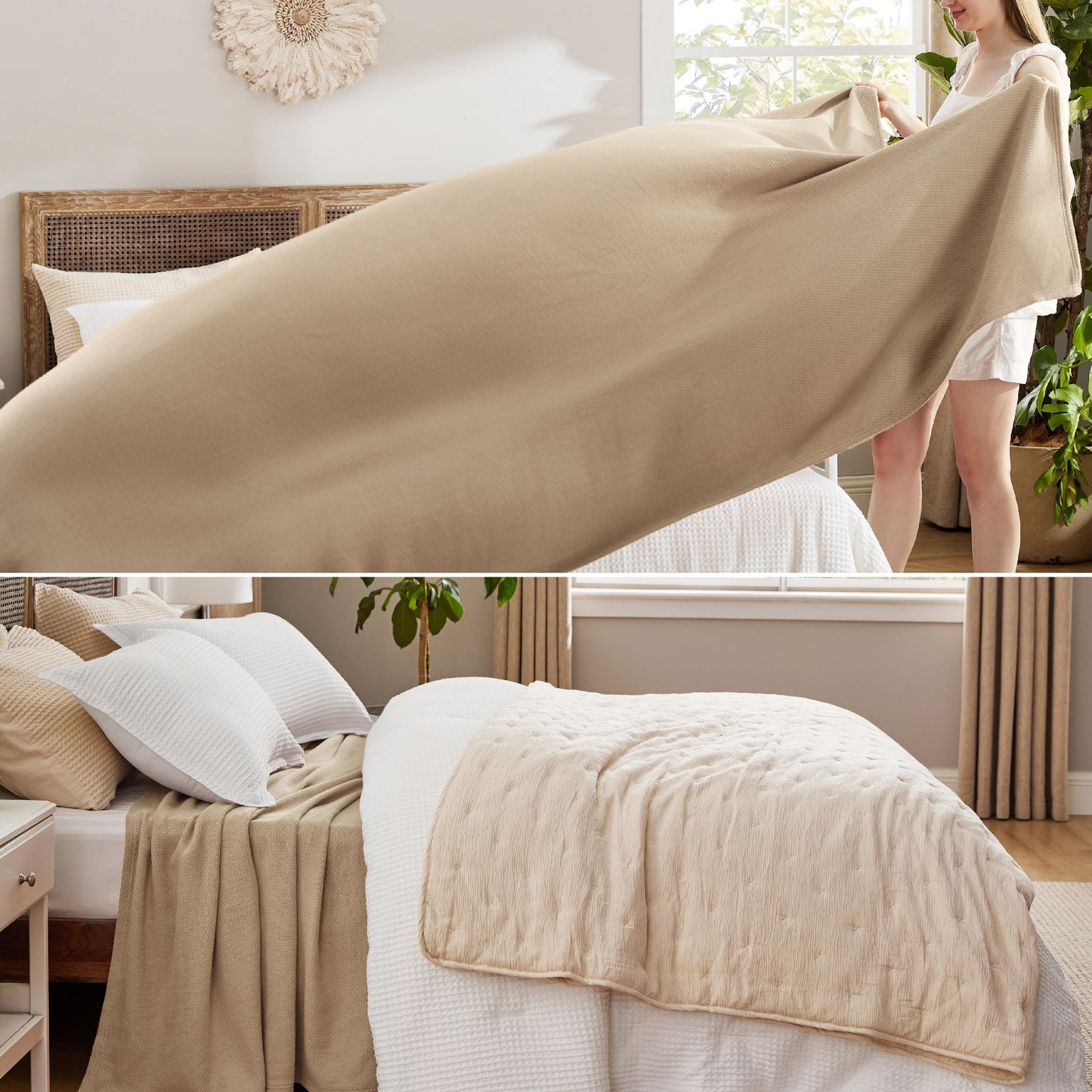 Bedsure GentleSoft 100% Cotton Large Blanket Oversized King for Bed 120x94 inches - Breathable Soft Cozy Herringbone Woven Blanket for Summer, Couch Cover, Light Brown