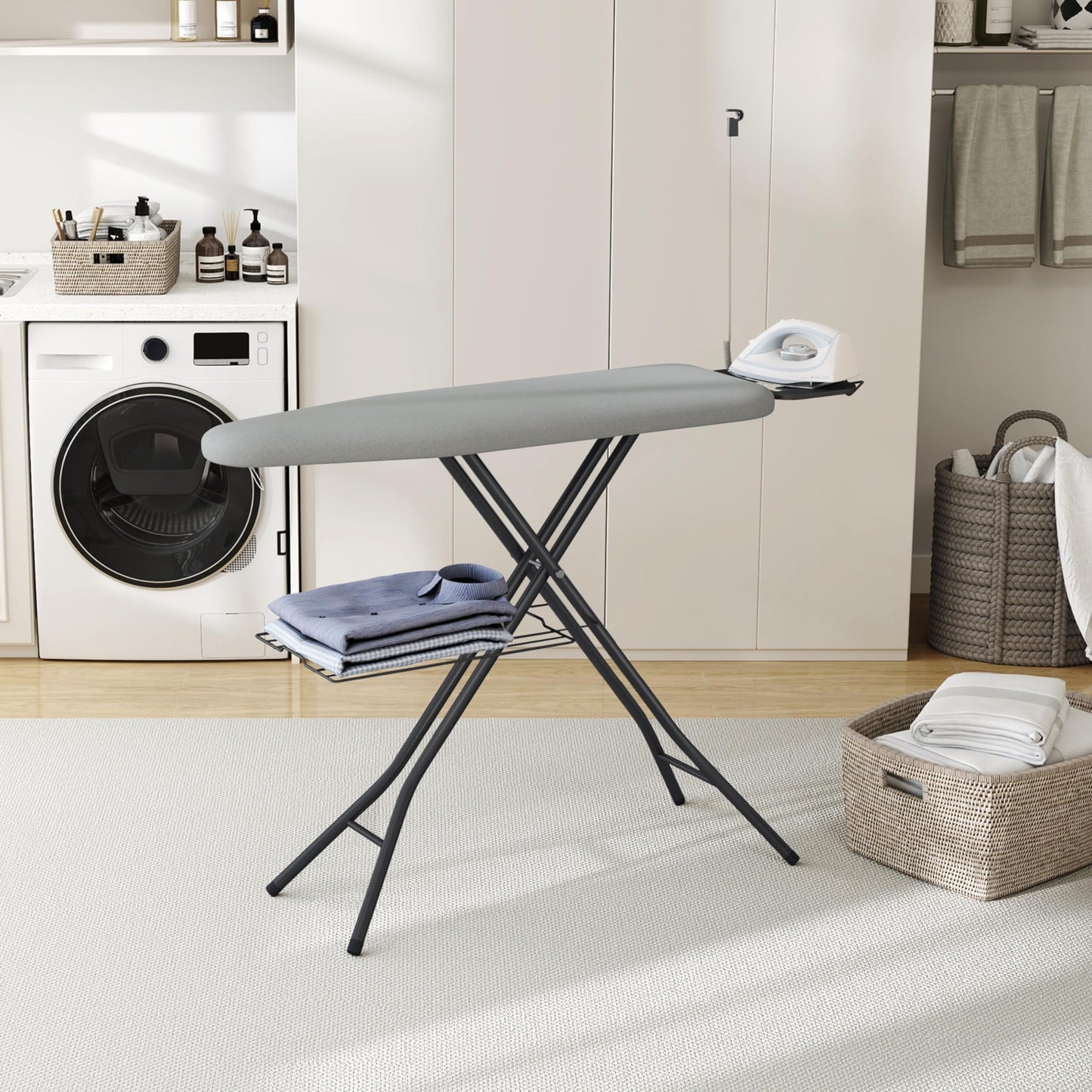 Yaheetech Ironing Board, Compact Heavy Duty Iron Board with Cord Holder, Steam Iron Rest and Bottom Storage Tray, 9 Adjustable Heights & 3 Layer Cover, 52X14 Gray