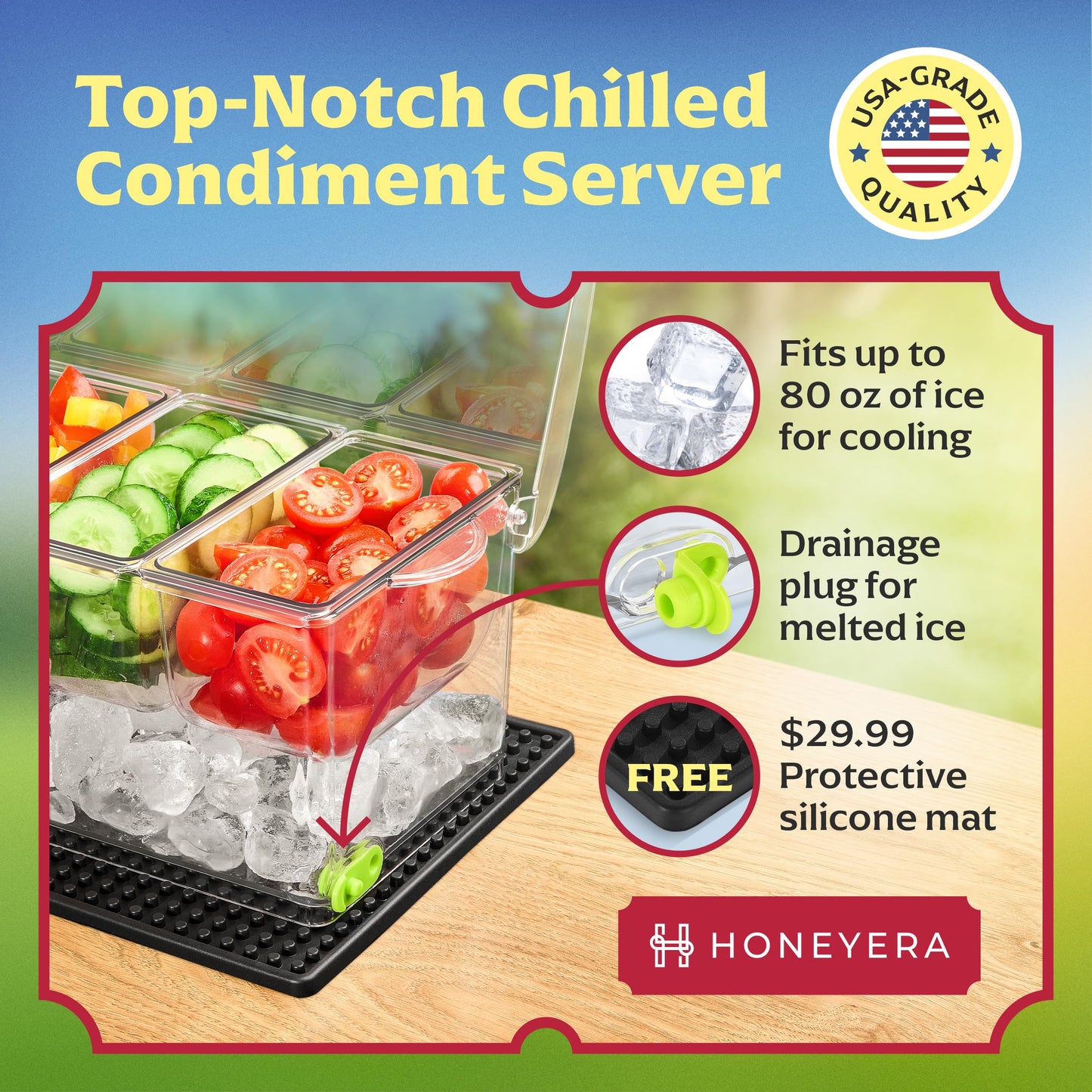 Honeyera Chilled Condiment Server | Hosting Essentials for Up to 80 Oz of Ice | Mimosa Bar Supplies Drain Plug | BPA-Free Taco Bar/Salad Bar | Food-Safe Condiment Caddy (Parent) (Black, 1 Pack)