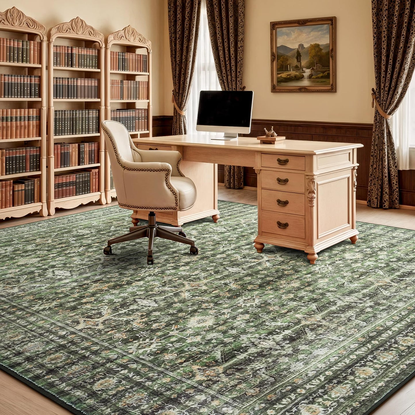 Lofus 8x10 Area Rug for Living Room,Green Washable Large Rugs with Non-Slip Backing,Soft Boho Carpets for Bedroom Dining Room Home Office Indoor Nursery
