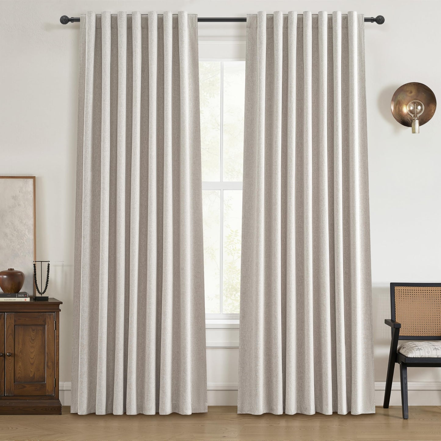QJmydeco Black Out 96 Inch Long Boho Curtains 2 Panel Set, Farmhouse Curtains for Living Room Darkening/Thermal/Noise Reduction Textured Flax Linen Drape 8ft Hook&Ring Included Birch Off White 50"x96"