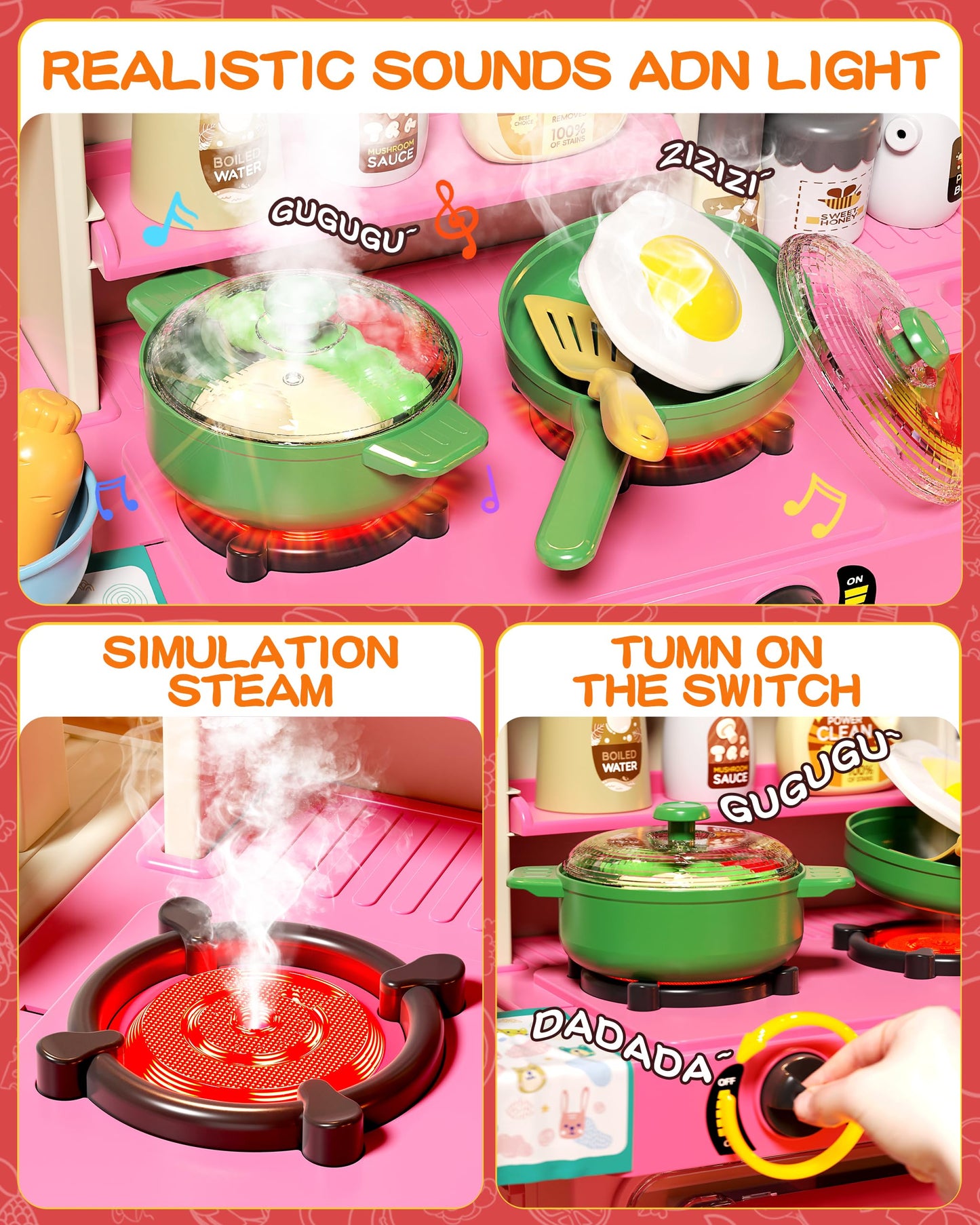 33.8IN Kids Kitchen Playset, 70PCS Kid Play Kitchen with Realistic Lights & Sounds, Spray Sink Toy Kitchen Accessories, Pretend Food Toys Kitchen for Boys Girls Toddlers Age 1-3(Pink)