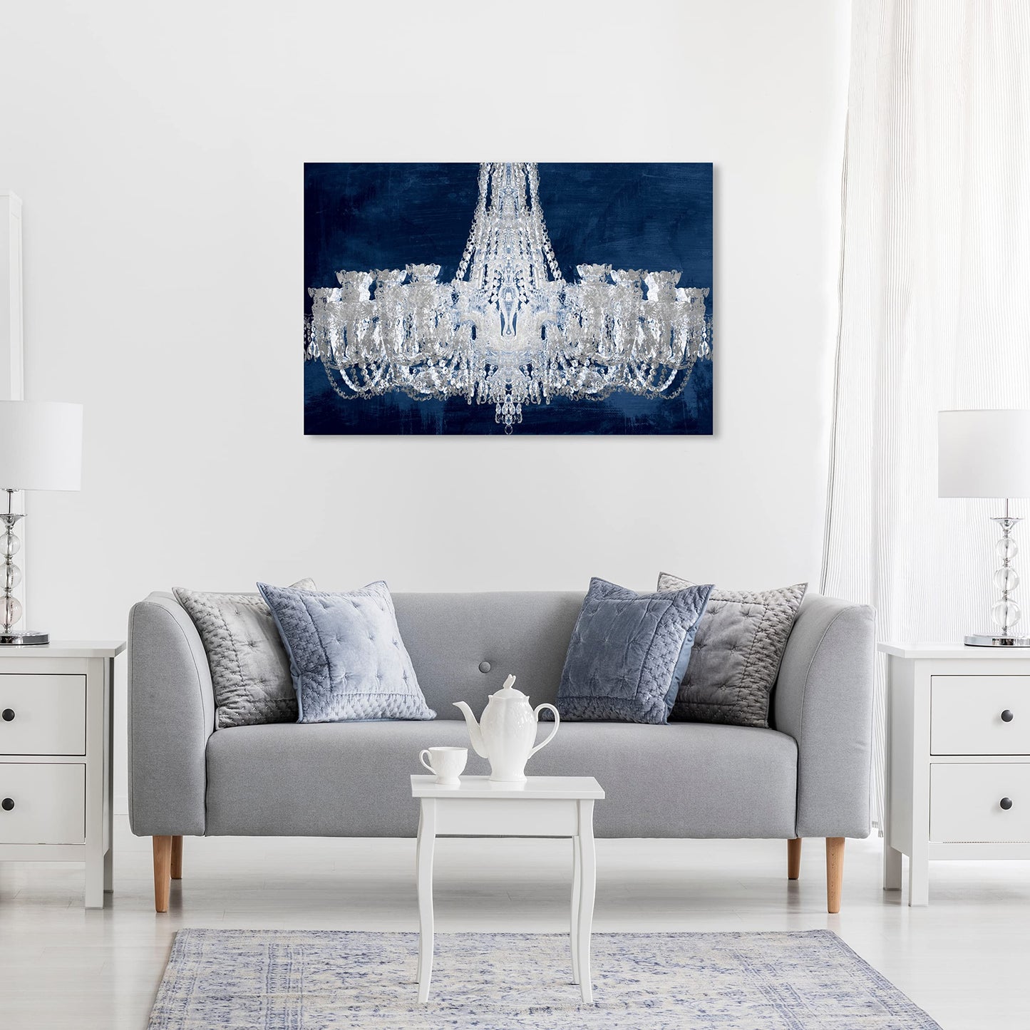 The Oliver Gal Artist Co. Fashion and Glam Wall Art Canvas Prints 'Royal Gala Night Silver' Chandeliers Home Décor, 30" x 20", Gray, Blue