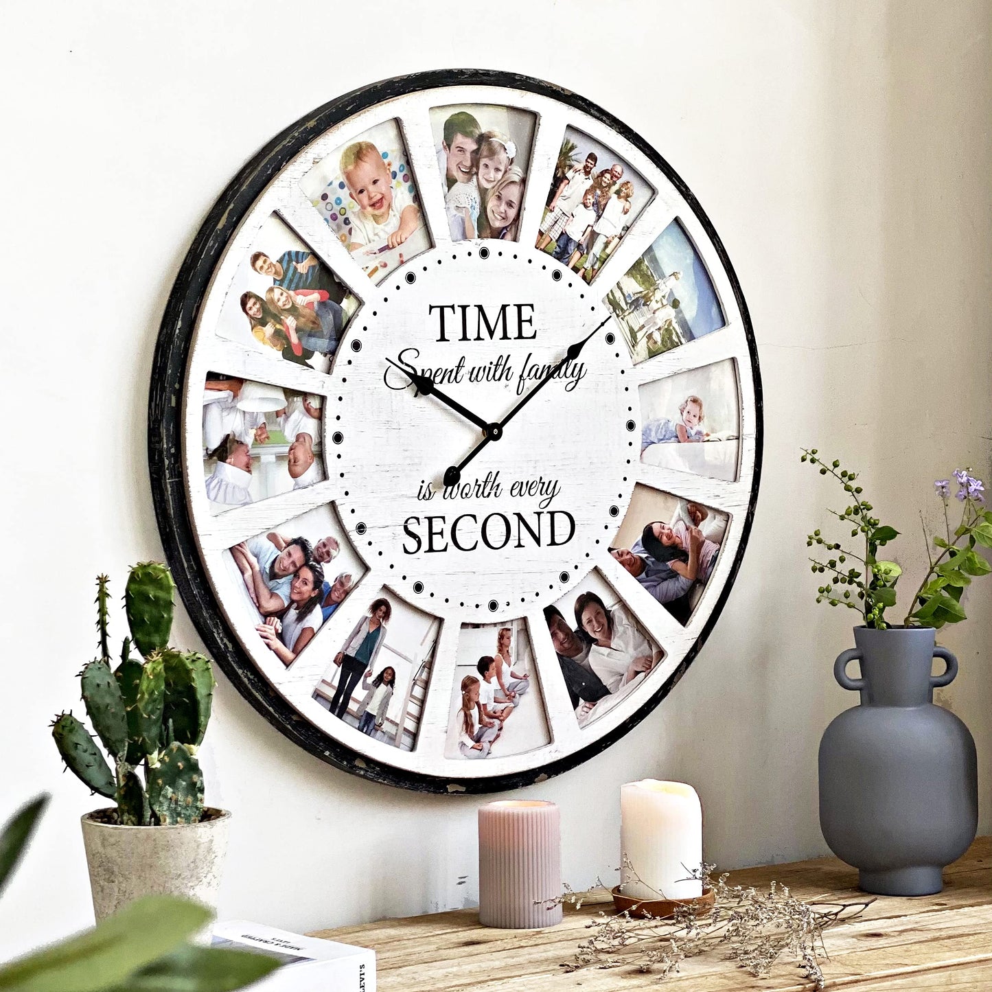 JUMBO HUMBLE 12 Photo Collage Family Wood Wall Clock, Rustic Farmhouse Wall Clock, Large Oversized Wall Clocks for Home, Kitchen, Living Room, Silent Battery Powered 24 Inch White
