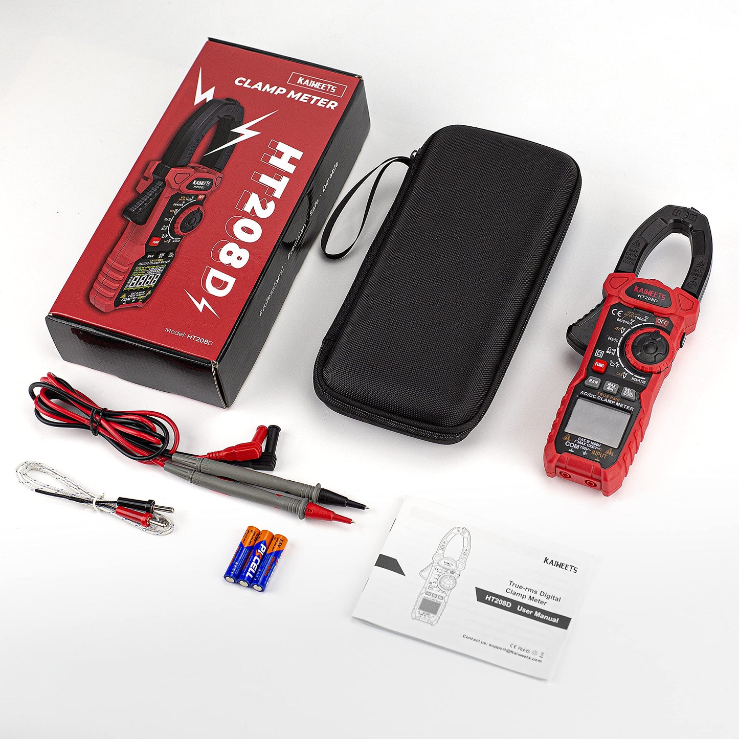 KAIWEETS HT208D Inrush Clamp Meter 1000A True RMS AC/DC Current Amp Meter, VFD, LOZ Mode, 6000 Counts, Measures Current Voltage Temperature Capacitance Resistance Diodes Continuity Duty-Cycle