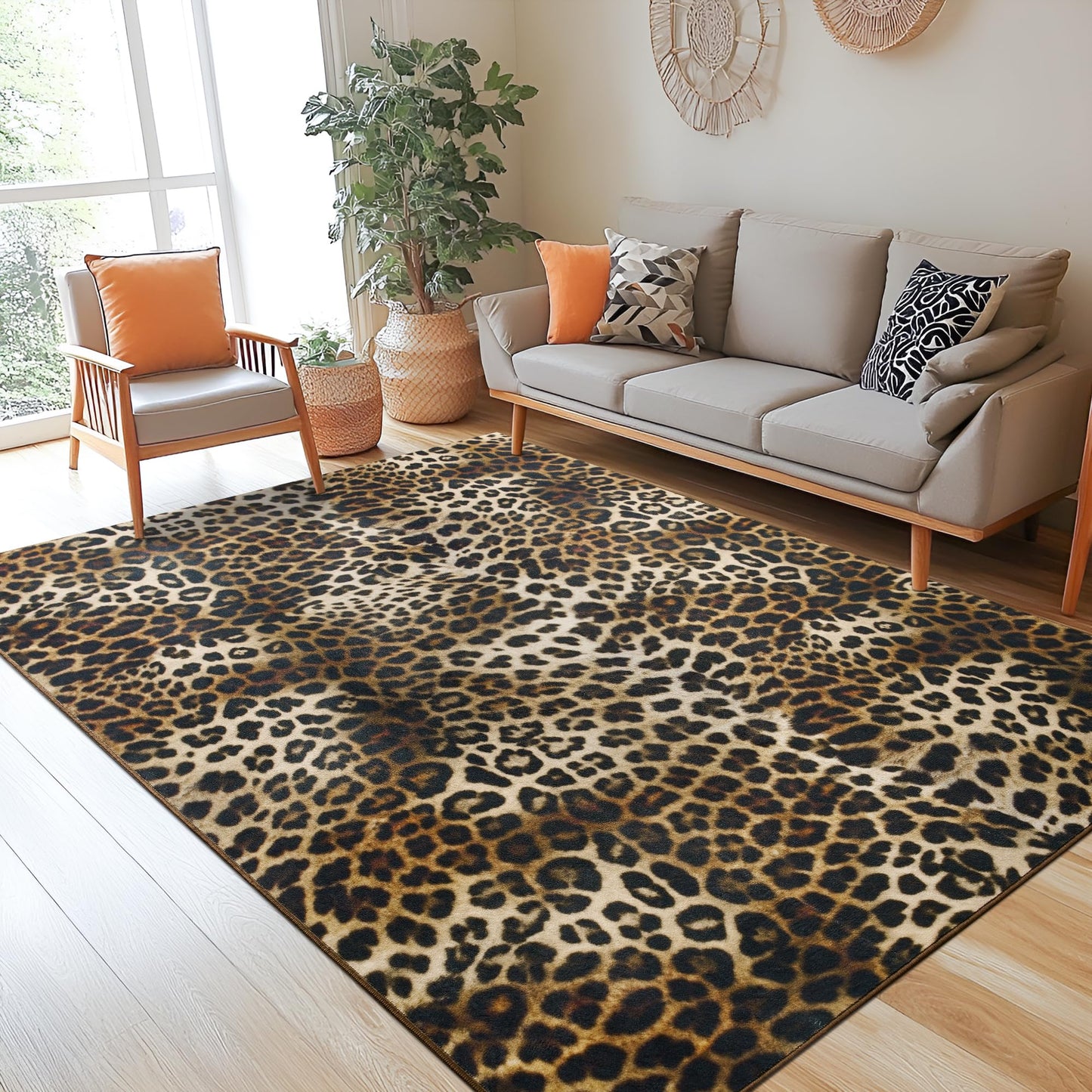 Foxmas Leopard Area Rugs for Living Room, 5x7 Feet Machine Washable Cheetah Print Rug, Non-Slip Indoor Floor Animal Rug, Carpet for Bedroom Dining Room Laundry Room Kitchen Home Office, Dark Brown