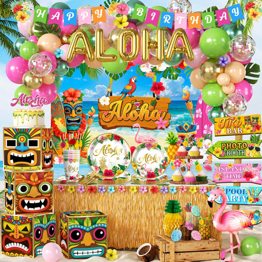 cocomigo 320pcs Hawaiian Party Decorations Complete Party Set, Serves for 25 Guests, Luau Birthday Decorations, Aloha Birthday Decorations with Hawaii Tropical Theme Banner, Balloon Arch, Tableware