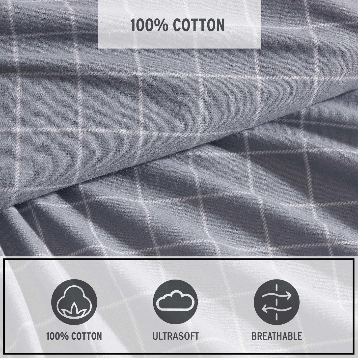 Eddie Bauer - Queen Bed Sheets, Cotton Flannel Bedding Set with Matching Pillowcases, Brushed for Extra Softness, Deep Pocket, Oeko-Tex Certified (Great Plains Plaid Grey)