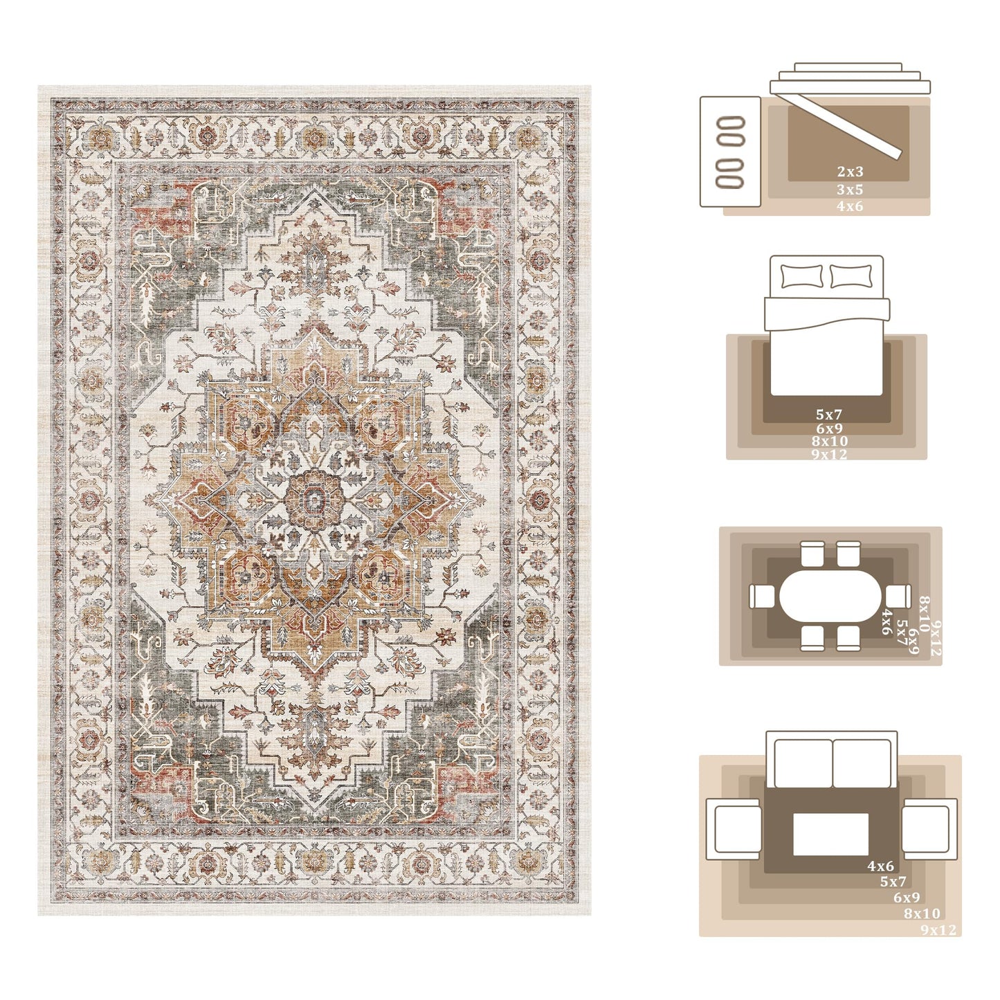 5x7 Area Rugs for Living Room Ultra-Soft Washable Rug Vintage Distressed Boho Area Rug, Non-Slip Retro Print Low Pile Stain Resistant Carpet for Bedroom Dining Room Kitchen Office
