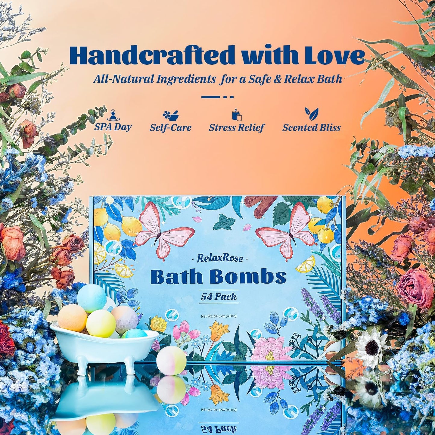 54 Pack Handmade Bath Bombs with 11 Vibrant Colors and 9 Unique Scents, Long-Lasting Fizzy Bubbles & Colorful Magic, 7-Minute Dissolve for Relaxation, Perfect Bubble Bombs Gift for Valentine's Day