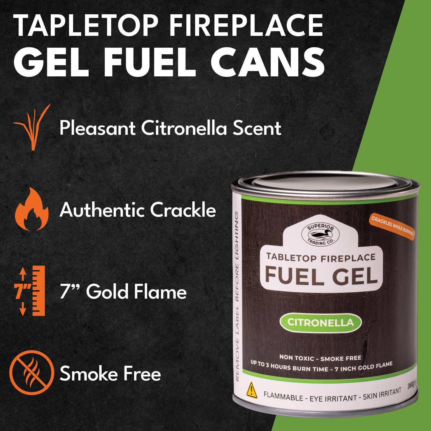 Superior Trading Co. Citronella Gel Fuel Cans, Clean-Burning Bioethanol, Smoke-Free, Fresh Scent 3-Hour Burn, Indoor & Outdoor Safe, 368g, 6 Pack