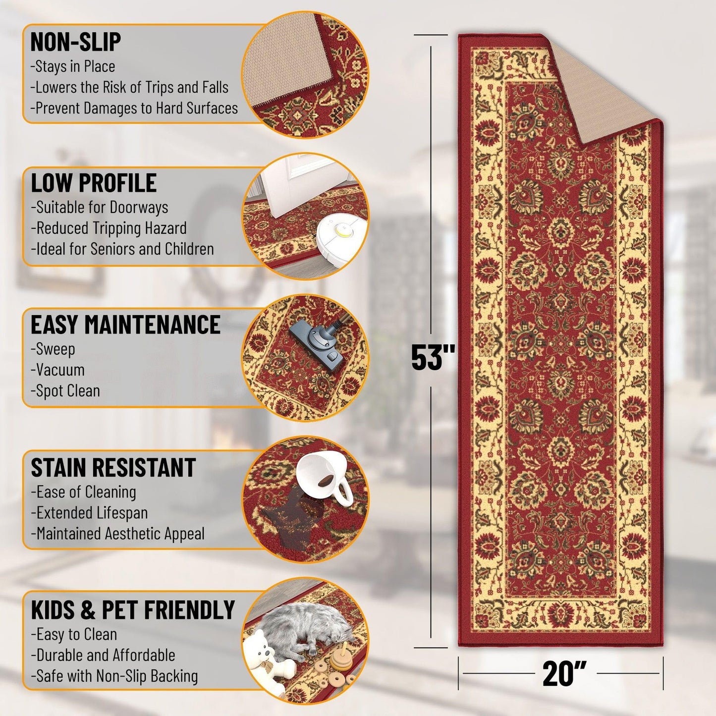 Ottomanson Hallway Runner Rug 2'7" x 9'6" Non Slip Oriental Area Rugs Easy to Clean Laundry Rug Runner Durable & Pet Friendly Floor Carpet Runners for Hallways Entryway Living Room Kitchen, Red